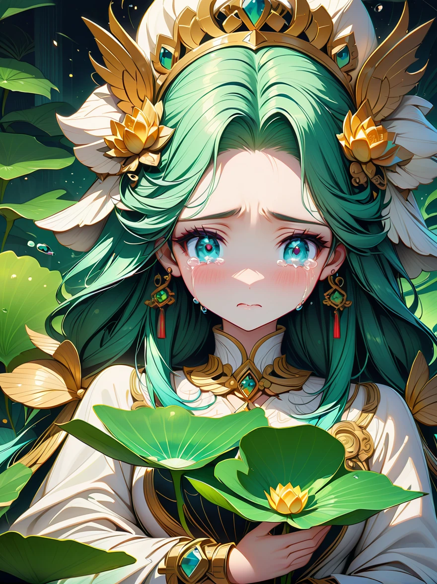 (Statue of Woman Holding Lotus Leaf), (sad crying: 1.8), (tears: 1.8), ((tears full of tears)),(White Statue 1.2), (Green Lotus Leaf: 1.2), by Russell Dongjun Lu, James Jean and Warp, (Porcelain Sculpture), Popism 3D Ultra Detailed, Highly Detailed sculpture, inspired by Fei Danxu, (jade sculpture)