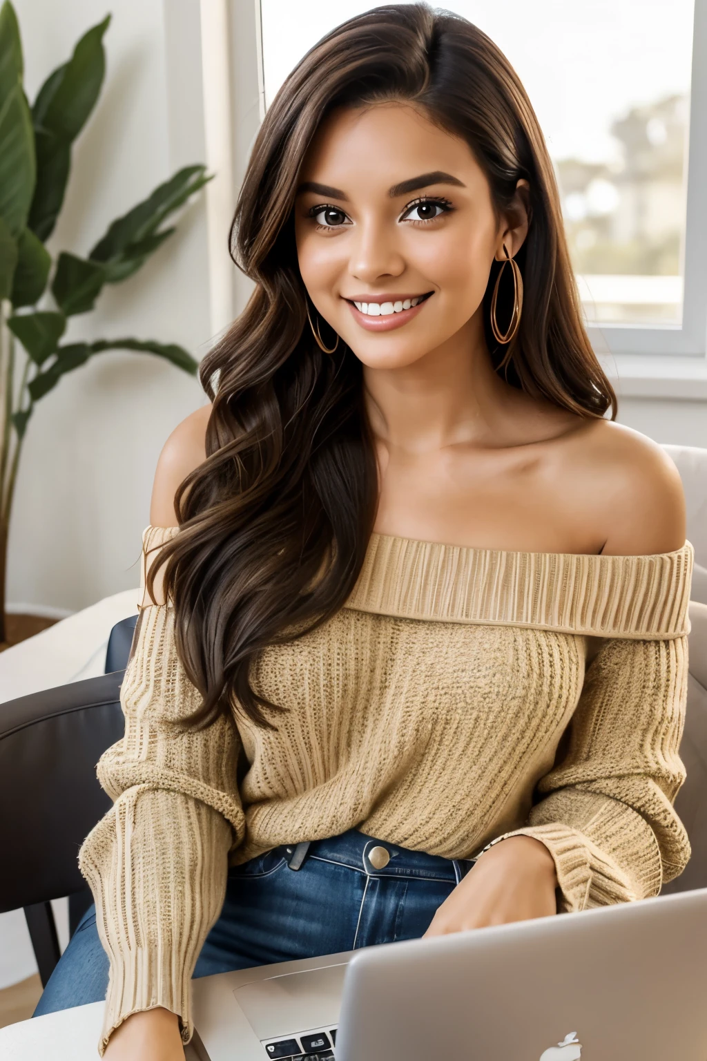Create a digital influencer who earns a living by watching online courses through the internet, enjoying her personal and luxurious acquisitions.
A young woman in her late 20s, solo, with long, dark brown hair that cascades down her shoulders, bright and captivating hazel eyes framed by thick lashes, a freckled and radiant complexion, dressed in a form-fitting sweater that reveals a hint of her off-shoulder neckline. Her expressive face is adorned with a beaming smile, brimming with confidence and success.
She sits in front of her computer screen, surrounded by an aesthetically pleasing background of calming greener