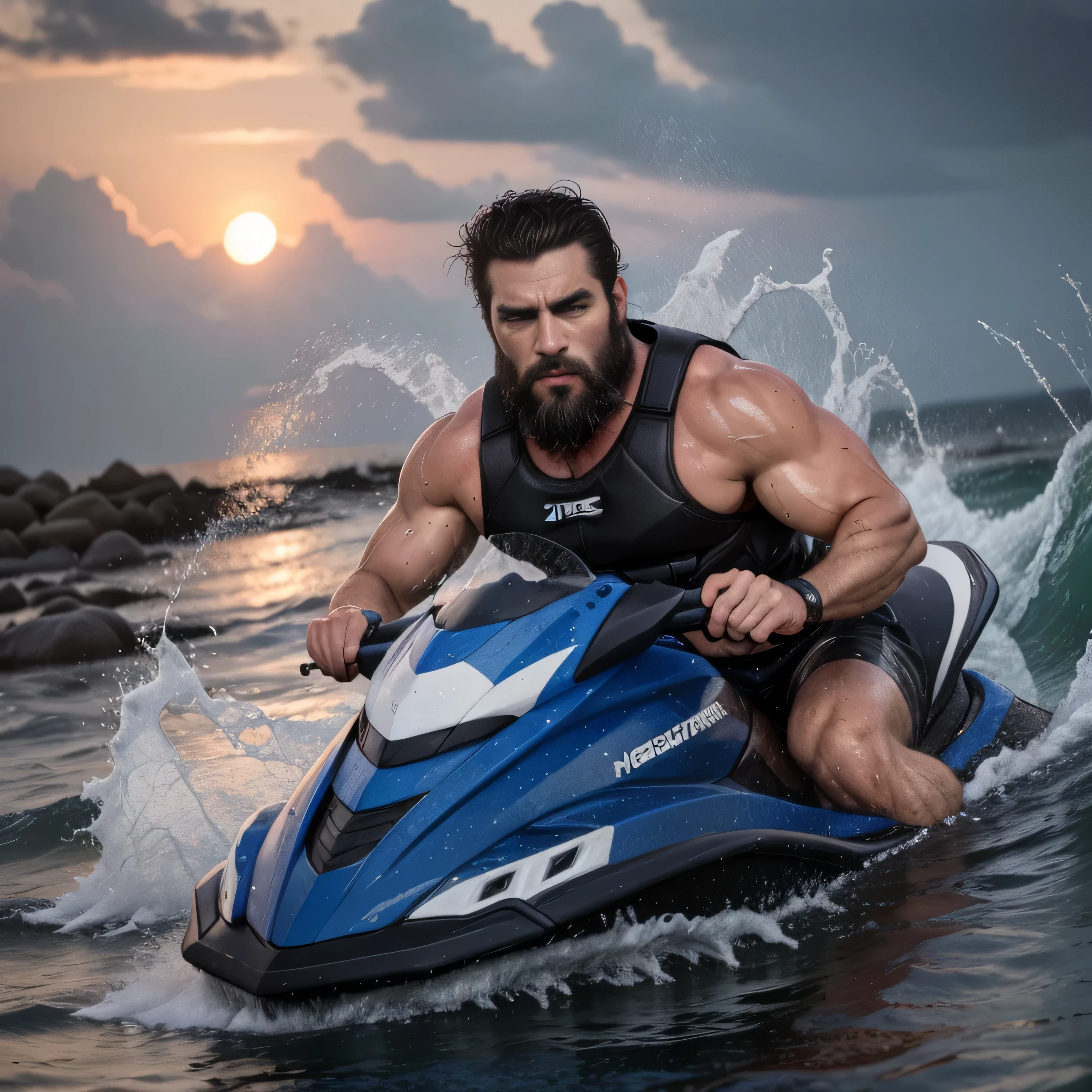 (Mejor calidad, high resolution), Attractive man in a jet ski accident., cuerpo musculoso, Rostro detallado y expresivo, barba, intense facial expression, Adrenaline Rush, Salpicadura de agua, Olas chocantes, dramatic lighting, action packed scene, dynamic composition, Movimiento de alta velocidad, powerful physique, athletic complexion, by damp, gotitas de agua, Ropa mojada, mirada intensa, strong jaw, apariencia robusta, emociones intensas