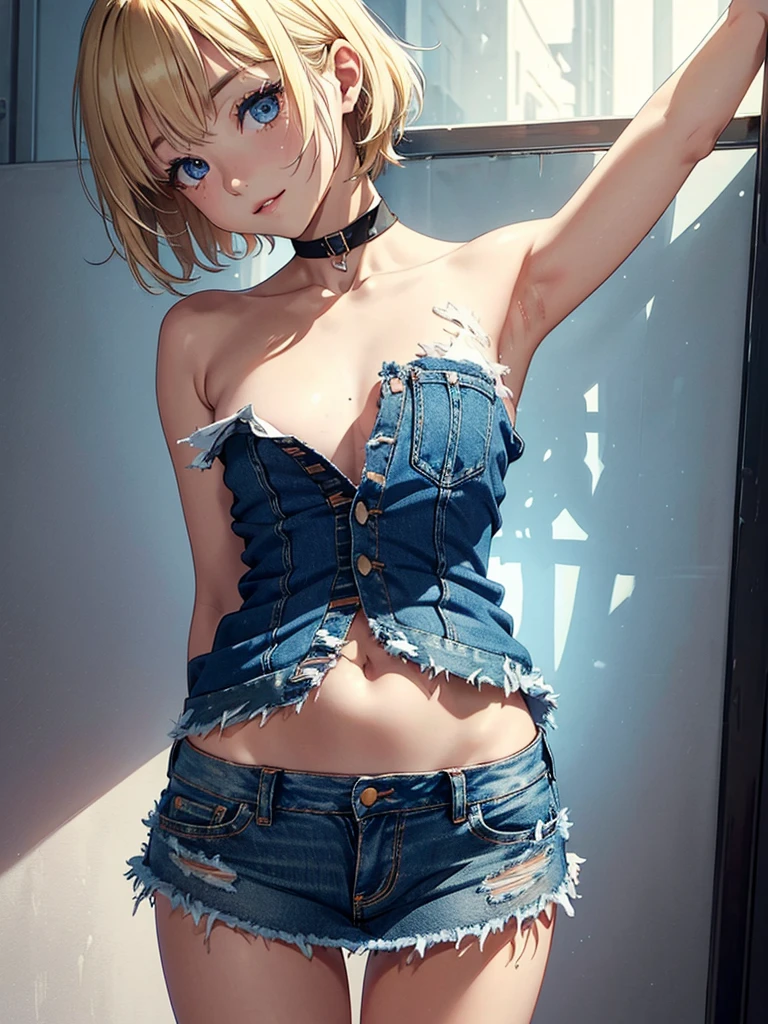 topless, no top, beautifully stratched out,(Superflat, Flat Shading, flat-colors:1.1)、(Bright blonde hair、short-hair、American boyish girl)、crotch open、Smiling、White underwearの股布が見えるように描く、Skirt flipping、((Torn and tattered denim skirt、White underwear))、Choker、When I look through the viewfinder、A bracelet、Thigh strap、Body Painting、Head tilt、8K resolution、intricate clothing、Intricate details、1girll、Solo、Standing、Cowboy Shot、Arms at sides、a miniskirt、Detailed panties((from behind、hindquarters、heart cutout、hip incision))、Volumetric lighting、Soft light、Bright、neons、Vibrant colors、watercolor paiting、
