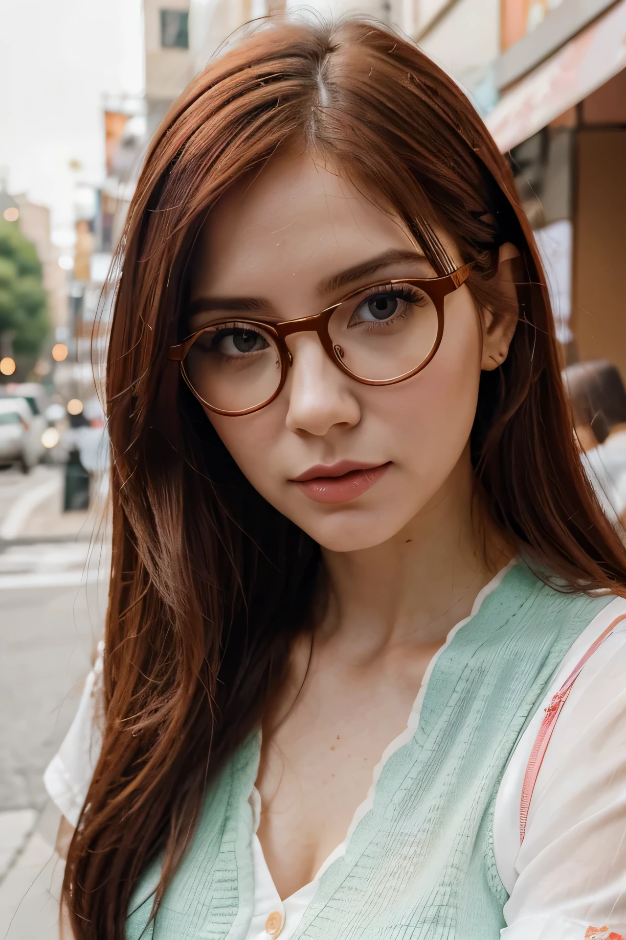 calidad superior, forma, super detailed, finamente, high resolution,hay una mujer con gafas, tendencias belle delphine, amoranto, mejor conocida como amoranto, con cabello rojo , inspirado en Ayami Kojima, con gafas, tiene cabello largo de color naranja, joven y hermoso amoranto, chica anime en la vida real, con cabello largo y rojo, tiene cabello largo y sexy de color naranja anaranjado al azar, cara hermosa y detallada, hermoso rostro detallado 、 Perfect and beautiful double eyelids.. 、 rostro perfecto y hermoso, comiendo pastel restaurante de Tokio de dia, blur city landscape sitting drinking green tea, traje bello, Traditional Japanese cafe eating., cabello anaranjado, pechos normales y camisa blanca, sujetador debajo de tu camisa