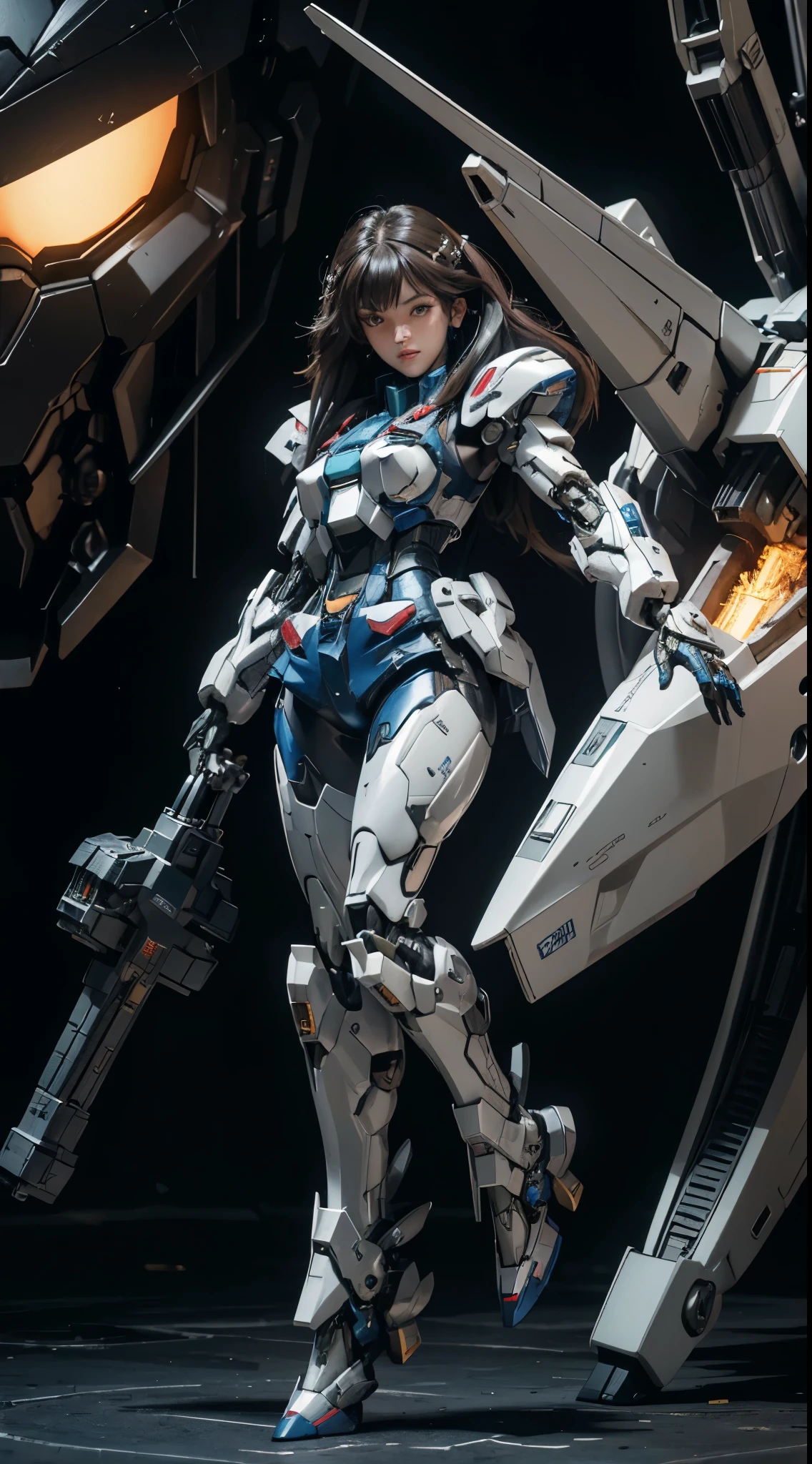 Textured skin, Super Detail, high details, High quality, Best Quality, hight resolution, 1080p, hard disk, Beautiful,(Gundam),beautiful cyborg woman,Mecha Cyborg Girl,Battle Mode,Girl with a Mecha Body,She wears a futuristic Gundam mecha,Fulll body Shot