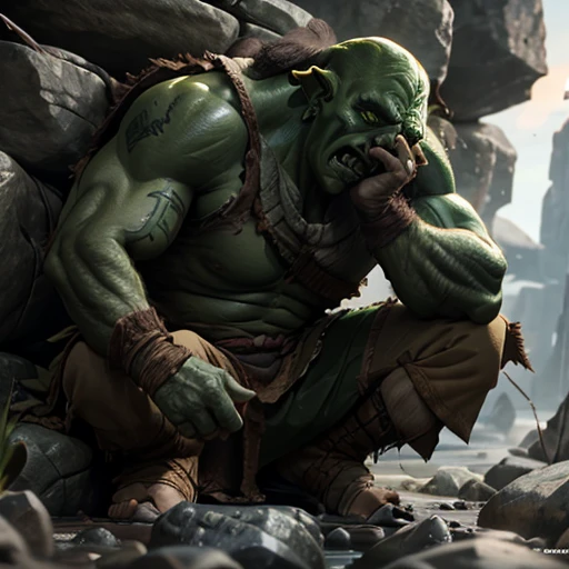 muscled greeen orc, sitting on a rock, hunched over, (hand on cheek:1.3), crying, (crying_tears:1.3)