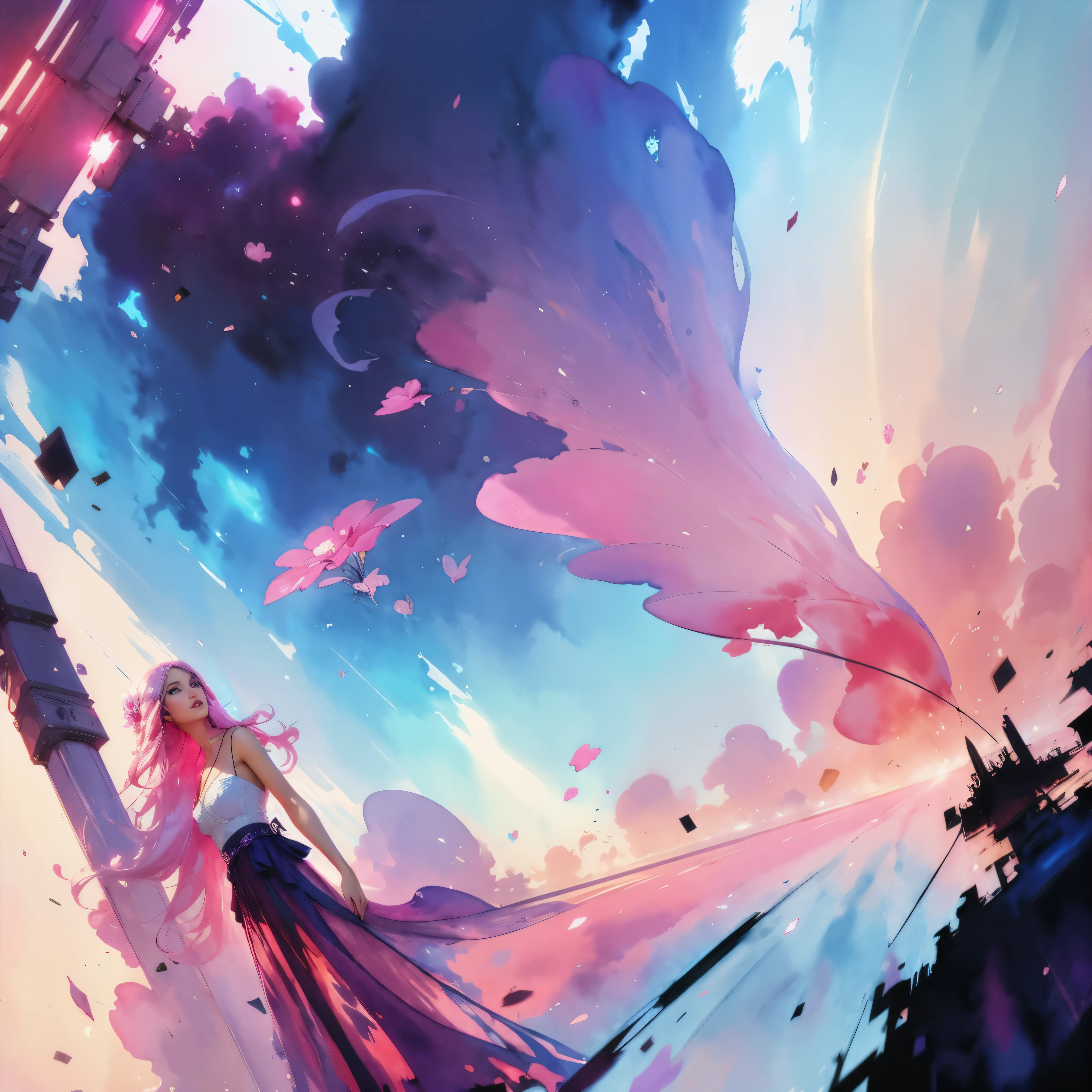1girl,flower, Lisianthus ,in the style of light pink and light azure, dreamy and romantic compositions, pale pink, ethereal foliage, playful arrangements,fantasy, high contrast, ink strokes, explosions, over exposure, purple and red tone impression , abstract, ((watercolor painting by John Berkey and Jeremy Mann )) brush strokes, negative space,