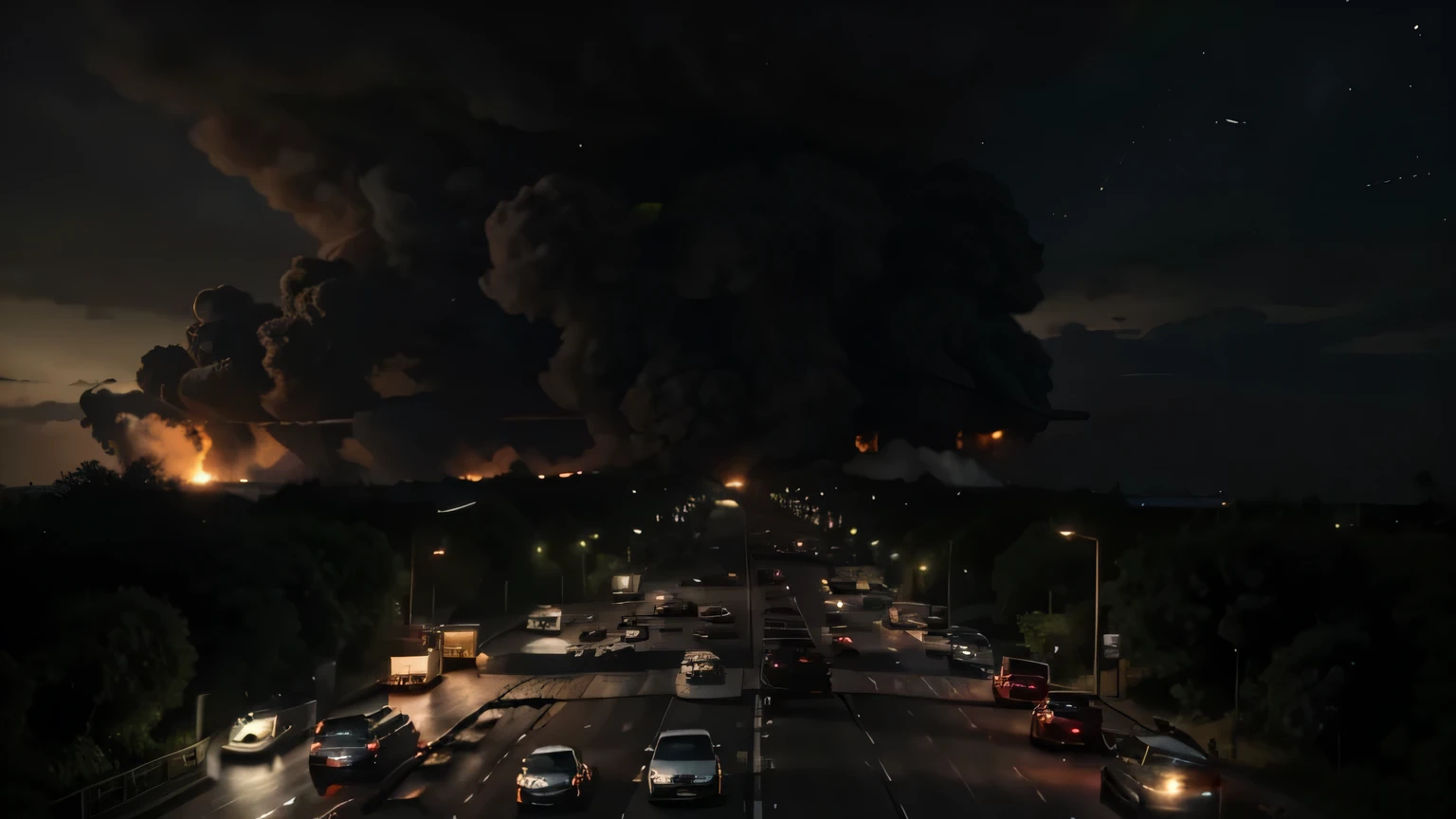 Imagine a hyper-realistic 8K aerial image a traffic jam. vehicles are jammed on a small road and not moving. There are too many vehicles on the small road. very dark sky. The sky is full of smoke from an explosion. the smoke covered everywhere. There is panic. everywhere is dark. All are africans