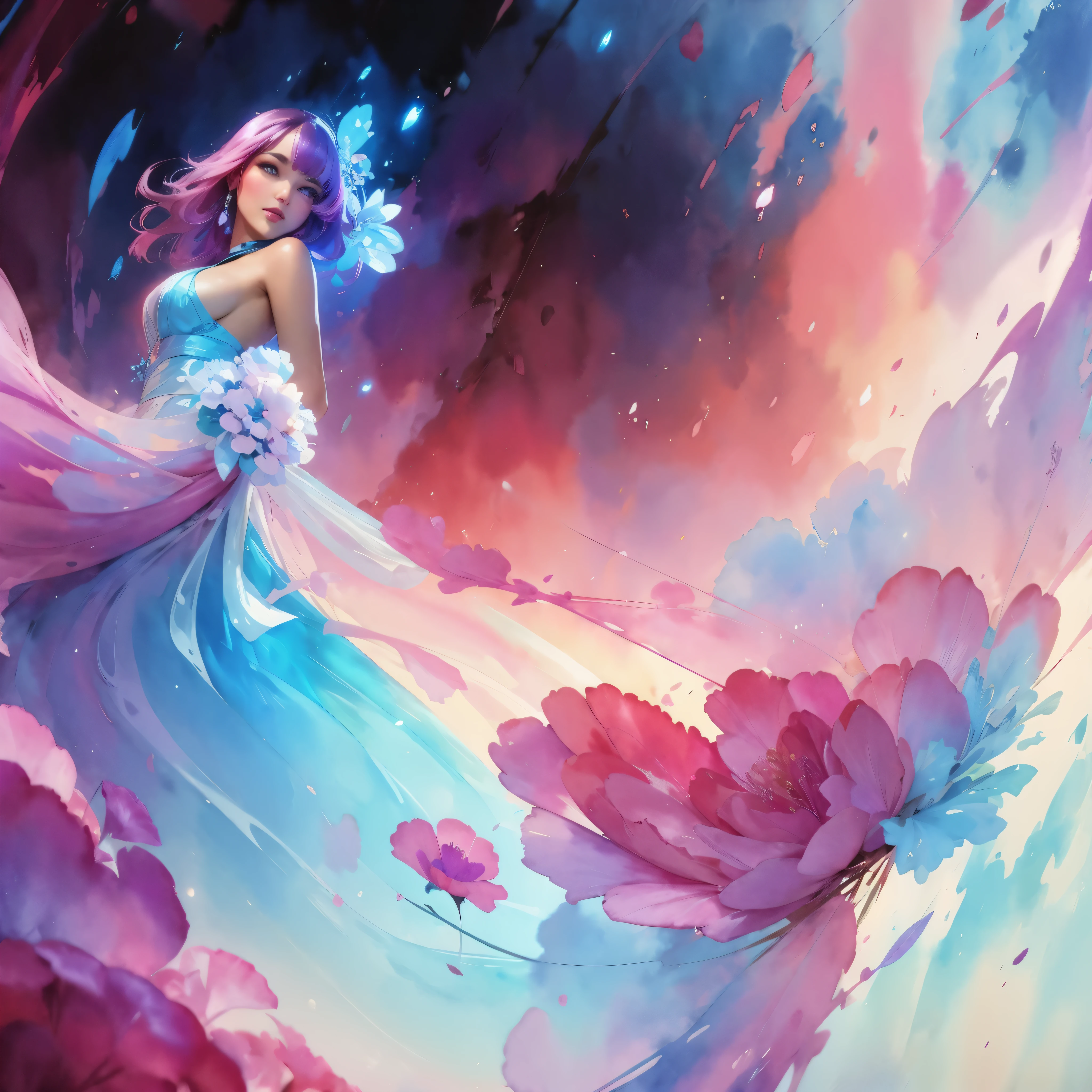 1girl,flower, Lisianthus ,in the style of light pink and light azure, dreamy and romantic compositions, pale pink, ethereal foliage, playful arrangements,fantasy, high contrast, ink strokes, explosions, over exposure, purple and red tone impression , abstract, ((watercolor painting by John Berkey and Jeremy Mann )) brush strokes, negative space,