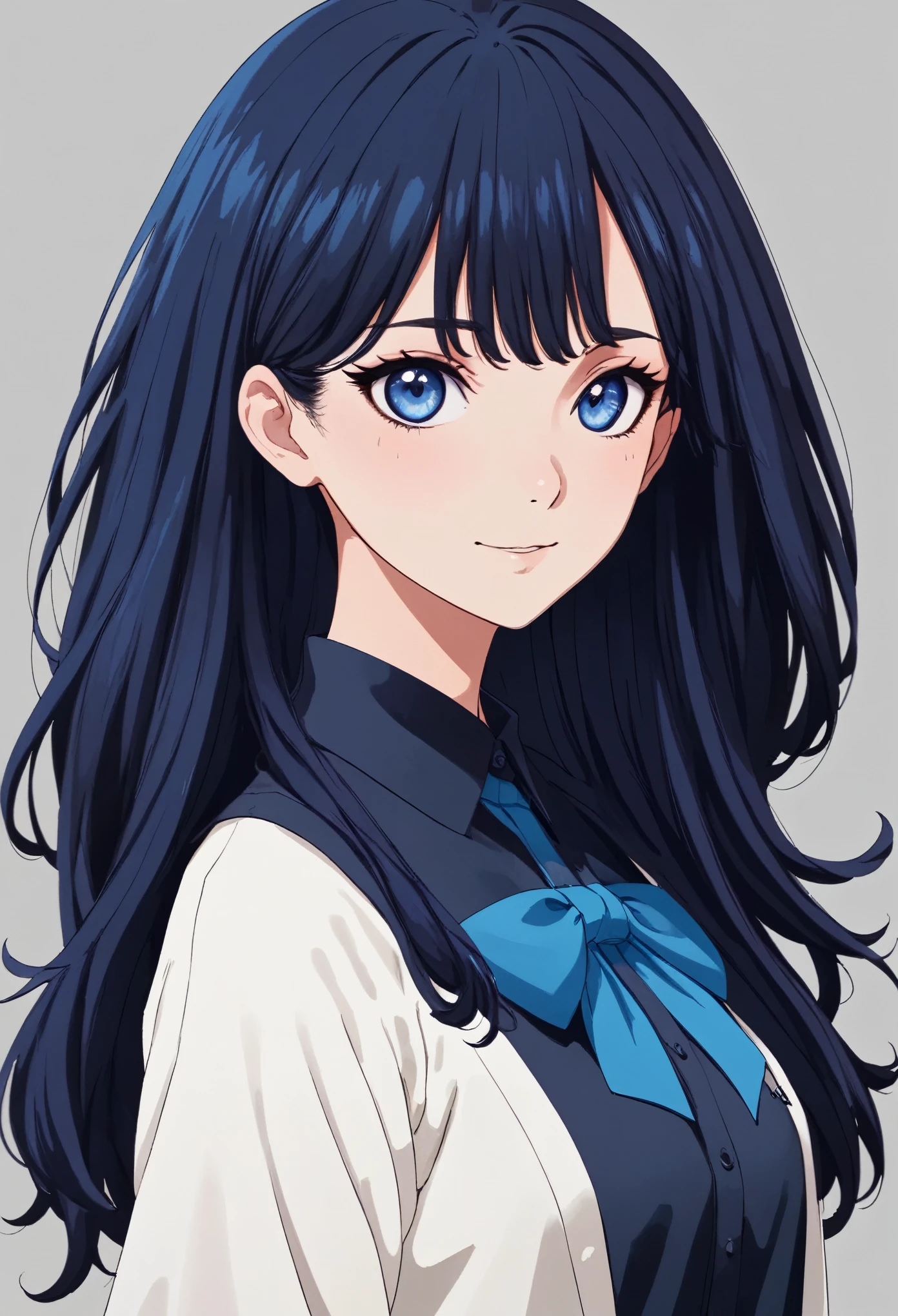 (alta calidad, Asombroso),(ojos expresivos, cara perfecta) 1 chica, femenino, solo, adolescente, PELO AZUL OSCURO, color de ojos azul indigo brillante, longitud del pelo largo, mirando al espectador, medio cuerpo, sonrisa brillante, Cara amable, joyful expression, piel ligeramente bronceada, camisa de manga larga azul negro oscuro, camisa de cuello, pantalones azul negro oscuro, uniforme jujutsu kaisen, jujutsu alto , cabello fluido, rostro femenino, pelo rizado ondulado, fondo gris, retrato, Peinado inspirado en Elysia, little sunflower in hair