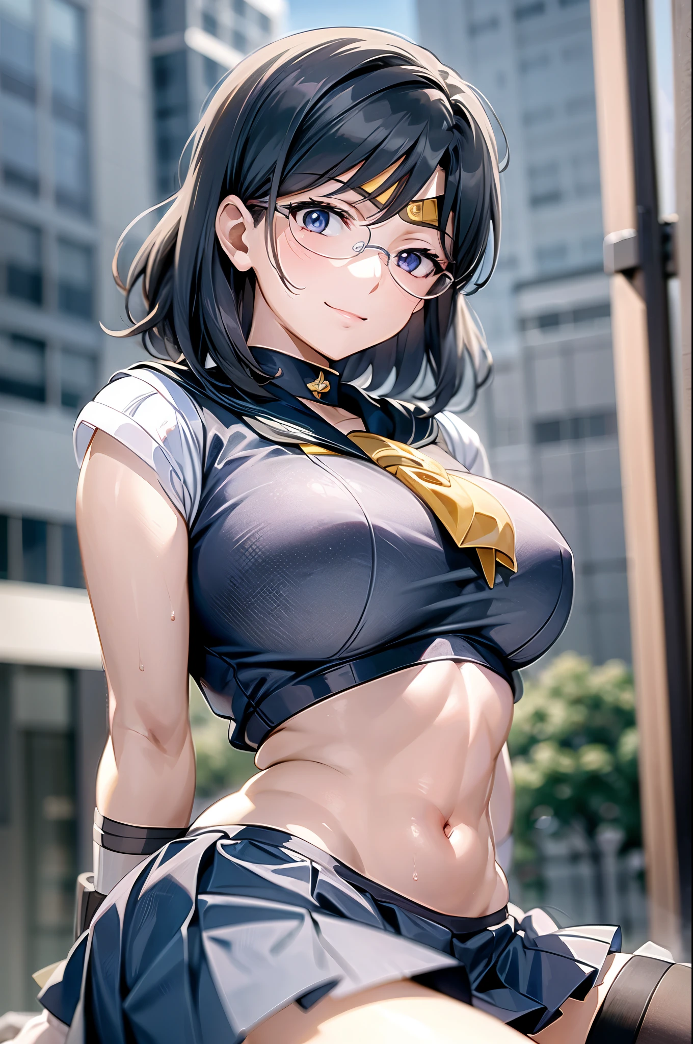 1girl,18yo,perfect hands, perfect finger,perfect anatomy, masterpiece, best quality,realistic, hyperrealistic, 16k hdr,, aamii, bobcut, black hair, blue eyes, (glasses), (sailor senshi uniform,ultra miniskirt:1.3),outdoor,standing,(sweat:1.1),(happy smile),large breasts,cleavage,erected nipples,(sexy pose:1.2),spread legs,from below,navel,