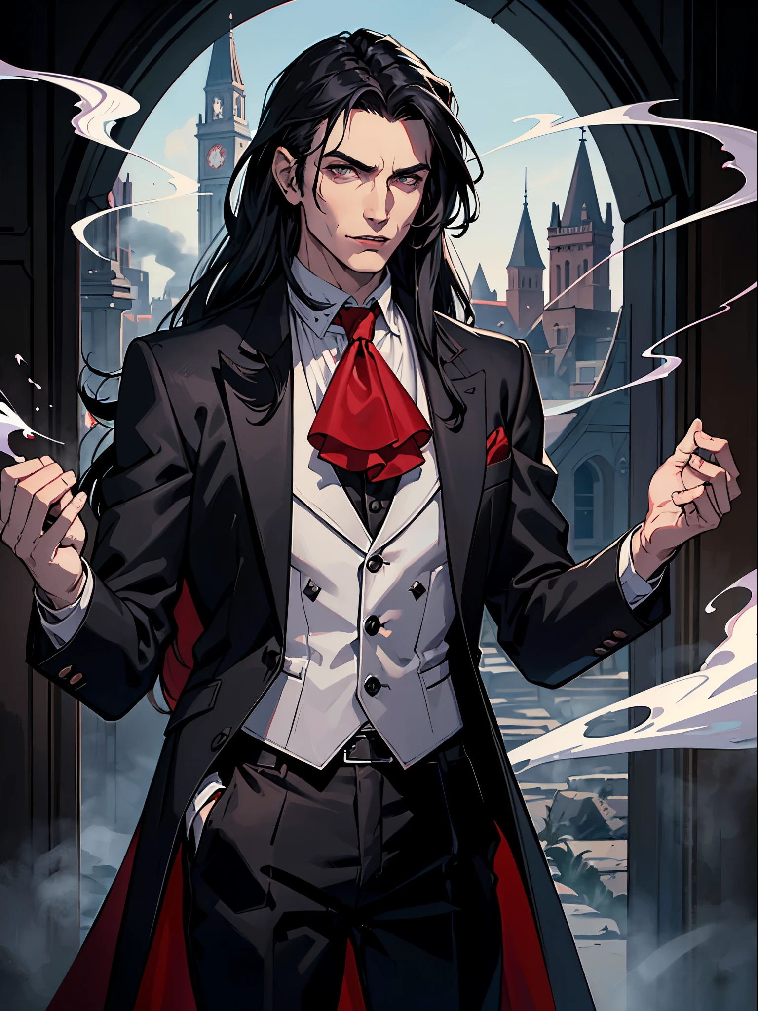 (best quality:1.4),masterpiece,ultra-detailed,handsome man, sharp eyes,,realism,cowboy shot,1guy,black long hair, grey eyes ,tareme,long hair, vampire look, white skin, dark suit, black pants, black jacket, black coat, red smoke,  smoke, castle, dracula looks, evil lord,