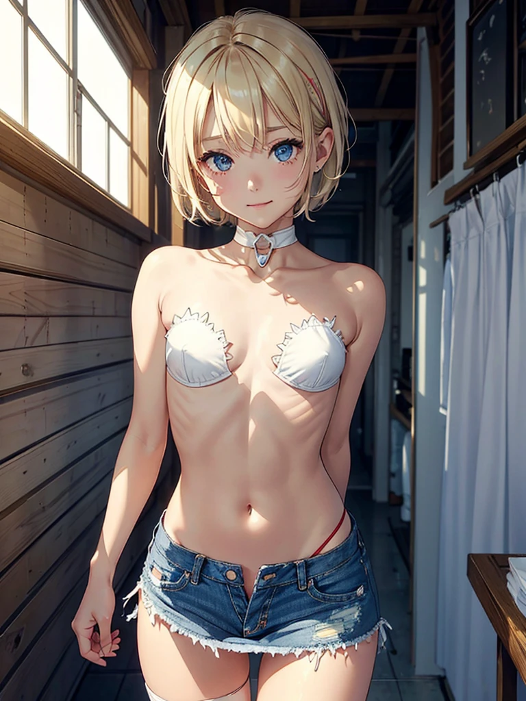 topless, no top, beautifully stratched out,(Superflat, Flat Shading, flat-colors:1.1)、(Bright blonde hair、short-hair、American boyish girl)、crotch open、Smiling、White underwearの股布が見えるように描く、Skirt flipping、((Torn and tattered denim skirt、White underwear))、Choker、When I look through the viewfinder、A bracelet、Thigh strap、Body Painting、Head tilt、8K resolution、intricate clothing、Intricate details、1girll、Solo、Standing、Cowboy Shot、Arms at sides、a miniskirt、Detailed panties((from behind、hindquarters、heart cutout、hip incision))、Volumetric lighting、Soft light、Bright、neons、Vibrant colors、watercolor paiting、