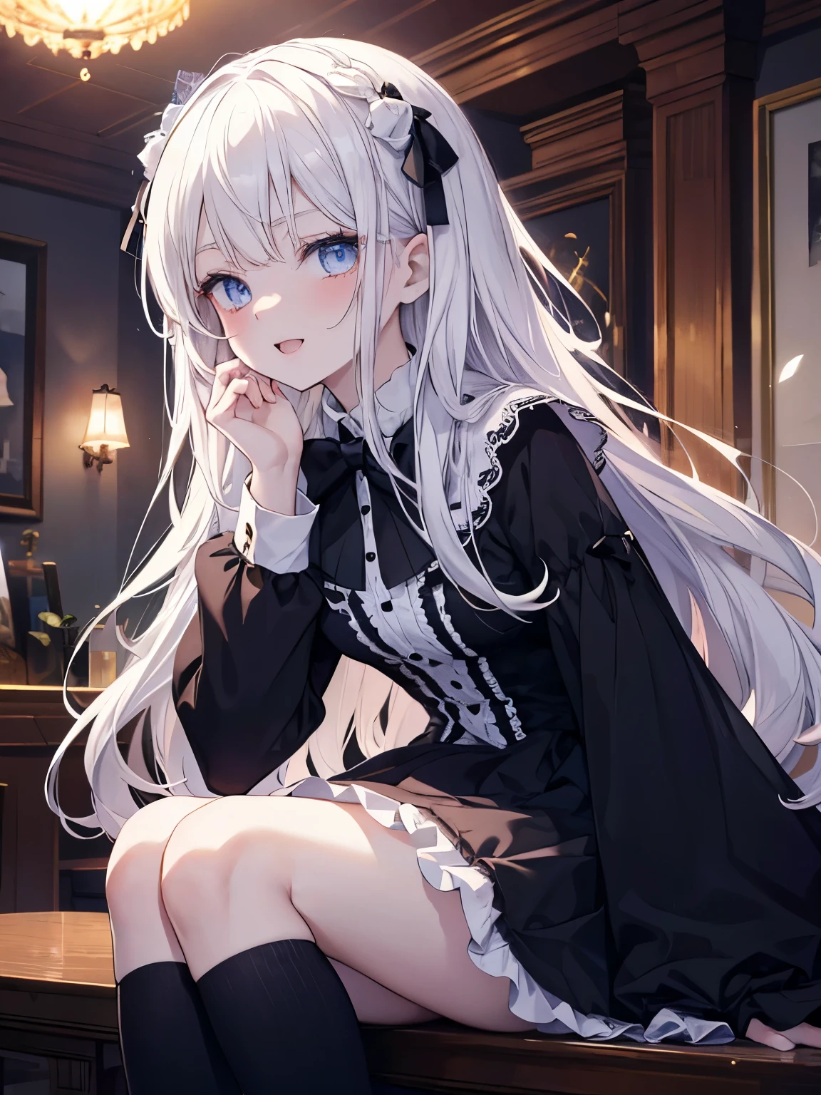 masutepiece, Highest Quality, (Perfect face:1.1), (high detailing:1.1), (ultradetailed eyes), Dramatic, superfine illustration, Extremely detailed, 1girl in, teenager,(pale skin), long white hair, Ethereal eyes, Blue eyes,blush,Solo,Smile, Happy, Laugh, Enjoy, Open mouth, Pouty lips,Cinematic lighting,upper body,looking up, leaning forward,Long sleeve, Gothic lolita, frilld, bow ribbon,knee high socks,indoor,night