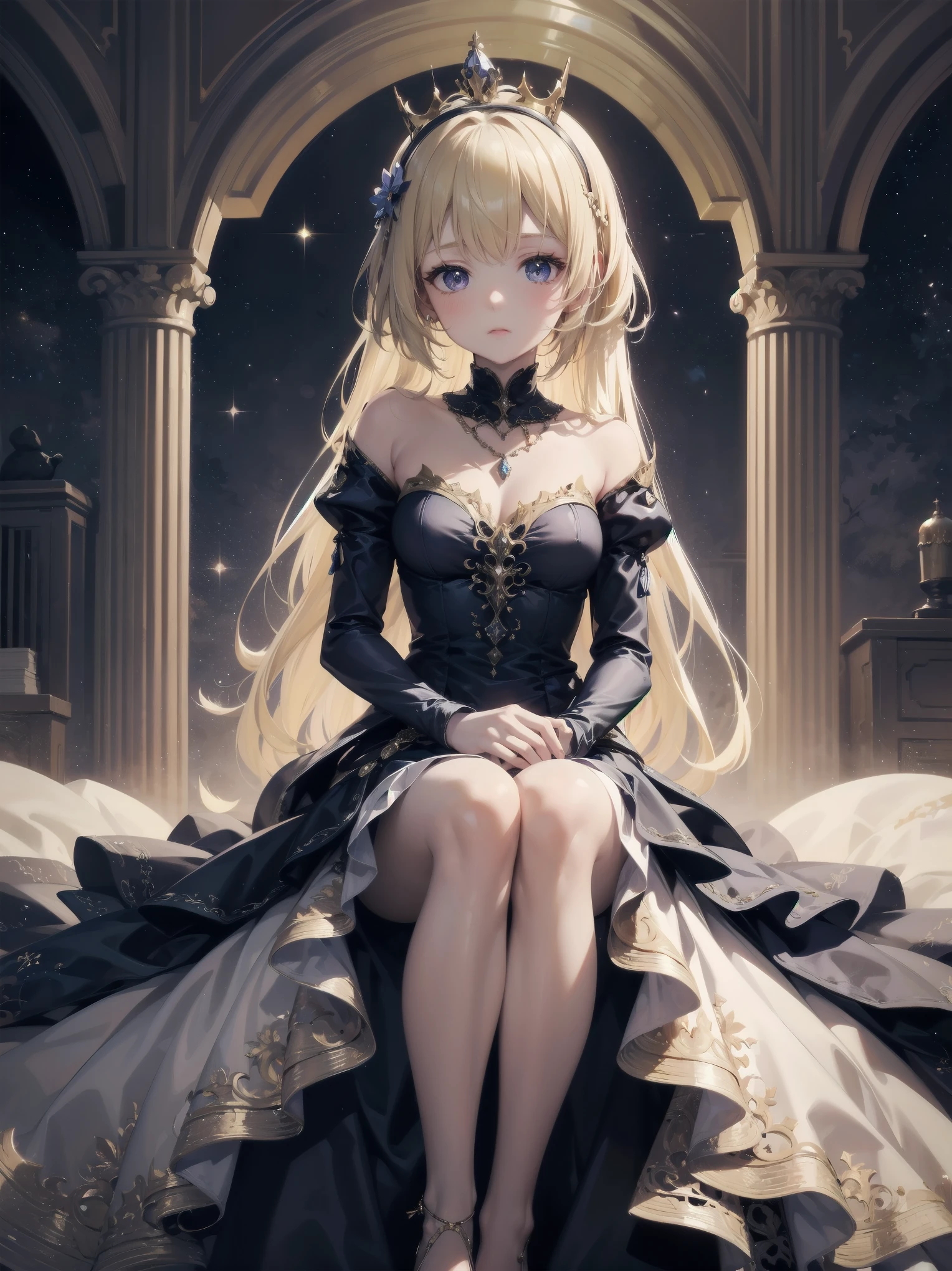 A scene that combines childhood dreams of princesses and medieval European fashions. This fantastic scene features a young girl with long, luxurious blonde hair. The dress she wears combines the aristocratic elegance of medieval Europe with the daintiness of the princess she admired as a . The dress is knee-length and gently hugs the body, with many frills and fine lace embellishments. The sleeves, in particular, are full and tighten at the wrists, evoking the opulence of the Middle Ages. The dress is a dreamy pastel color, a mixture of pale pinks and lavenders, with shiny gold thread embroidery over it. She wears a small crown on her head and a necklace encrusted with tiny jewels, the kind favored by the children of medieval nobility. This attire is both pretty and elegant, as if it were the realization of a longing and a child's dream. The surrounding landscape is reminiscent of a fantastic medieval European garden, with colorful flowers and shining light particles decorating the space, creating an even more magical atmosphere. The girl is ready to begin weaving her own story in this dreamlike world.