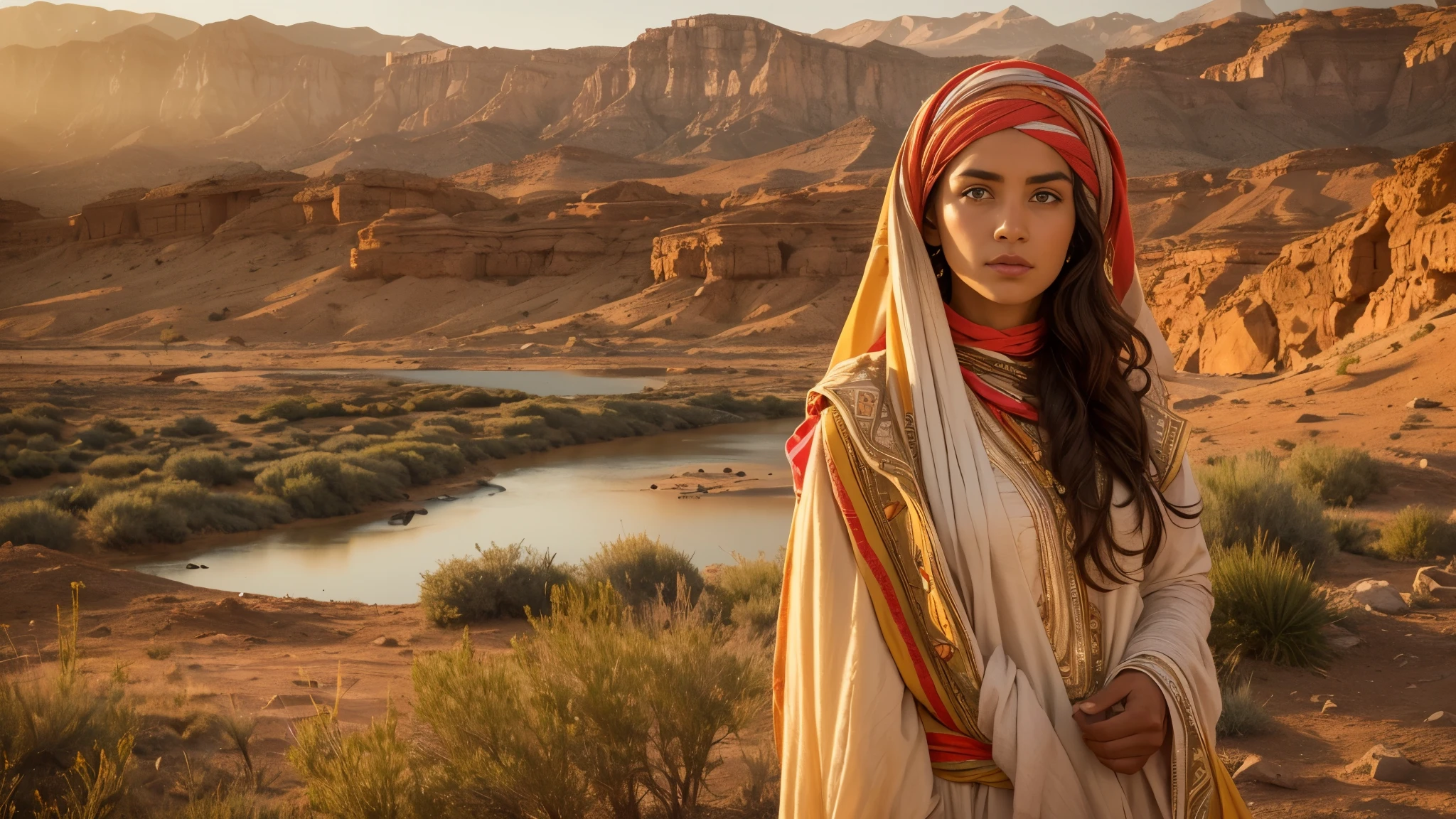 Masterpiece, Imagine a scene featuring Isabelle Eberhardt in 1907, at the age of 27, overlooking the Oasis of Aïn Sefra in South Algeria. Dressed in traditional Algerian attire, she stands at the edge of the oasis, her eyes capturing the first light of sunrise. The golden hues of dawn reflect off her face, highlighting her determined gaze towards the horizon. She embodies the spirit of adventure and the deep connection she has forged with the Algerian landscape, a testament to her unique journey as a French female explorer and writer, 16K, ultra high res.photorealistic, UHD, RAW, Aïn Sefra Oasis in the background