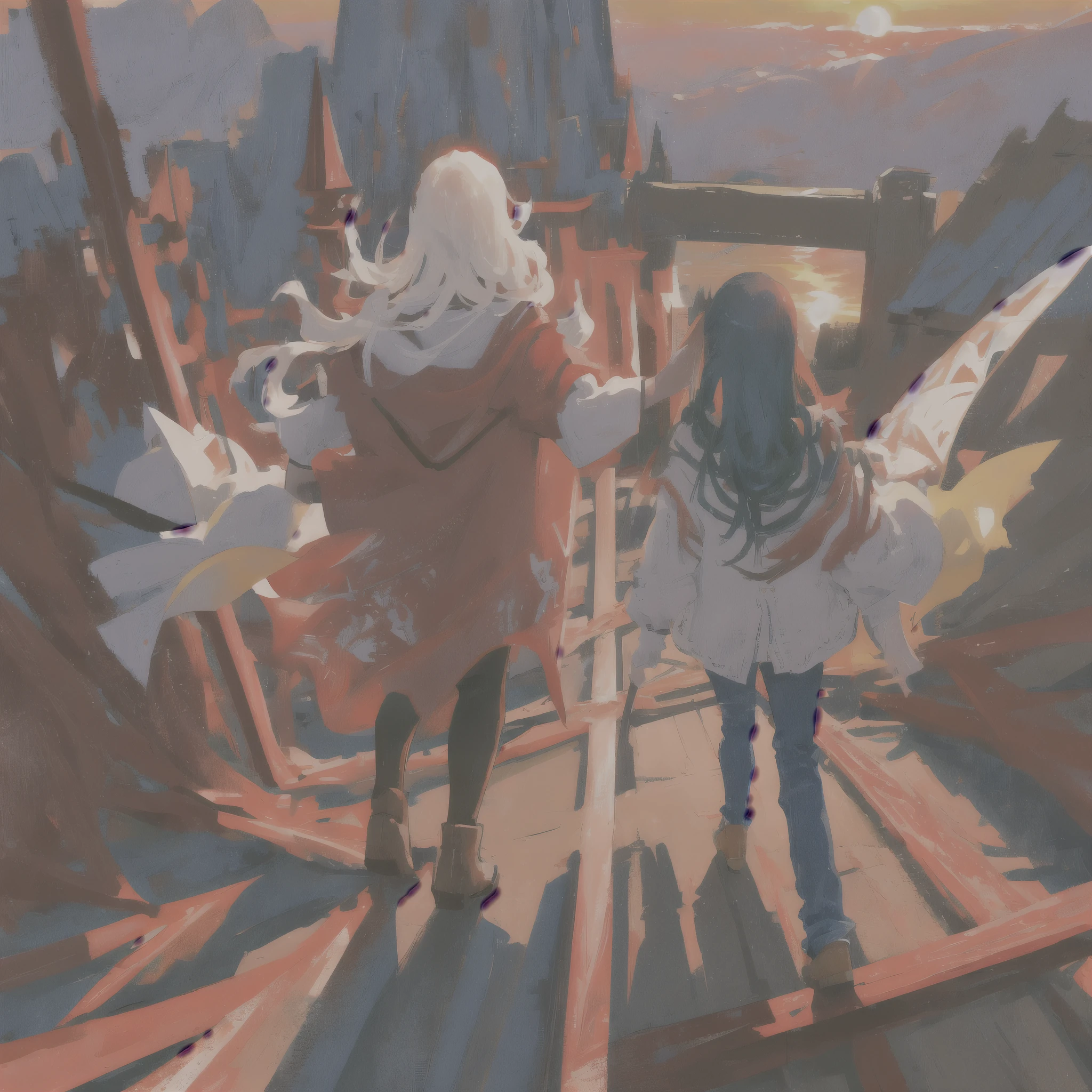 Master piece, medieval fantasy, big crimson landscape, back of a girl with back long hair, sunset, plain