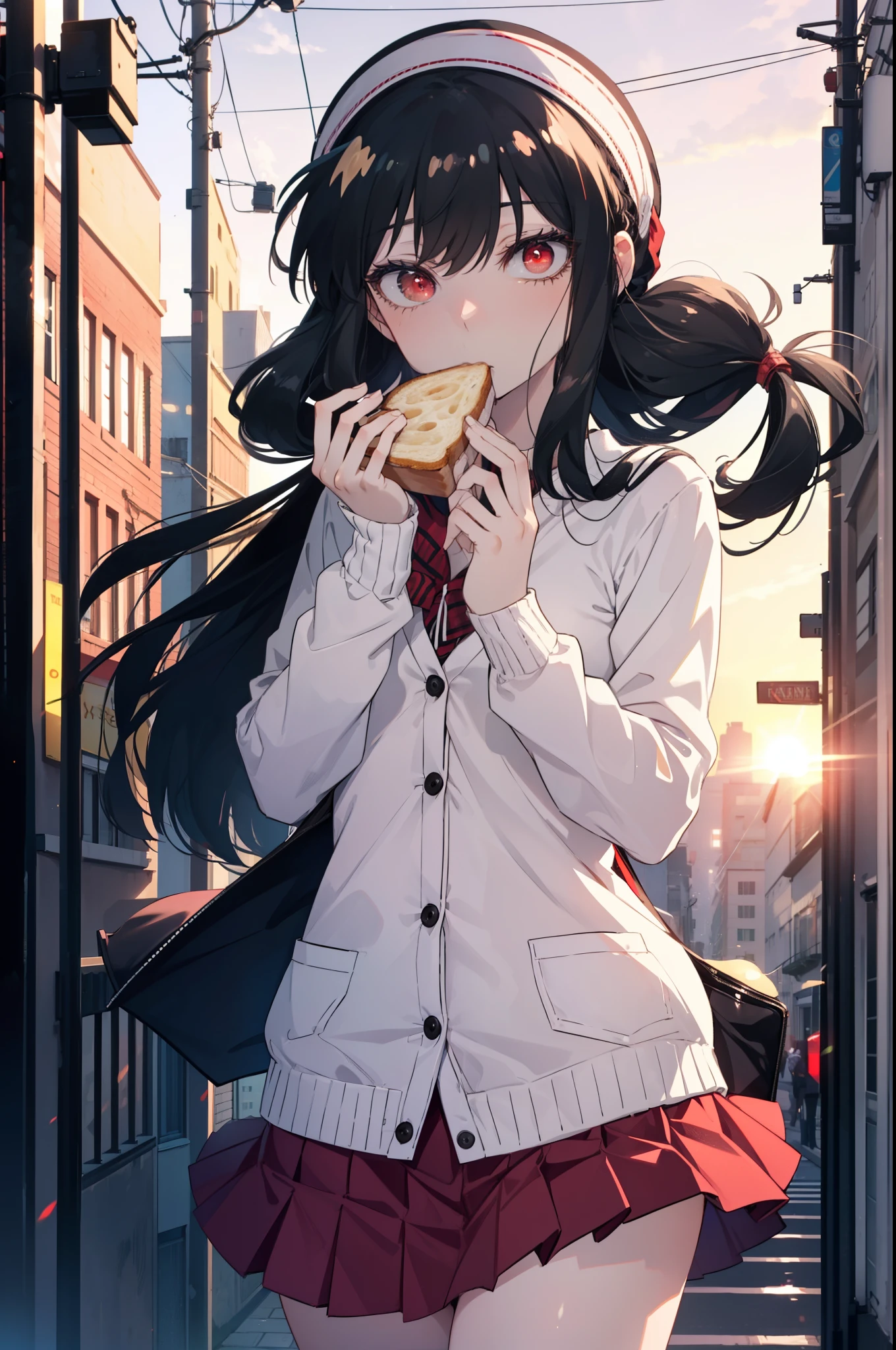 Yorubria Ratata, you missed the thorns, bangs, long hair,black hair band, (red eyes:1.5), toast in your mouth, running, city street,Y-shirt,Pink cardigan,Red Blazer,Red pleated skirt,white stockings、brown loafers,morning日,morning,the sun is rising,
break ourdoors, In town,building street,
break looking at viewer, (cowboy shot:1.5),
break (masterpiece:1.2), highest quality, High resolution, unity 8k wallpaper, (figure:0.8), (detailed and beautiful eyes:1.6), highly detailed face, perfect lighting, Very detailed CG, (perfect hands, perfect anatomy),