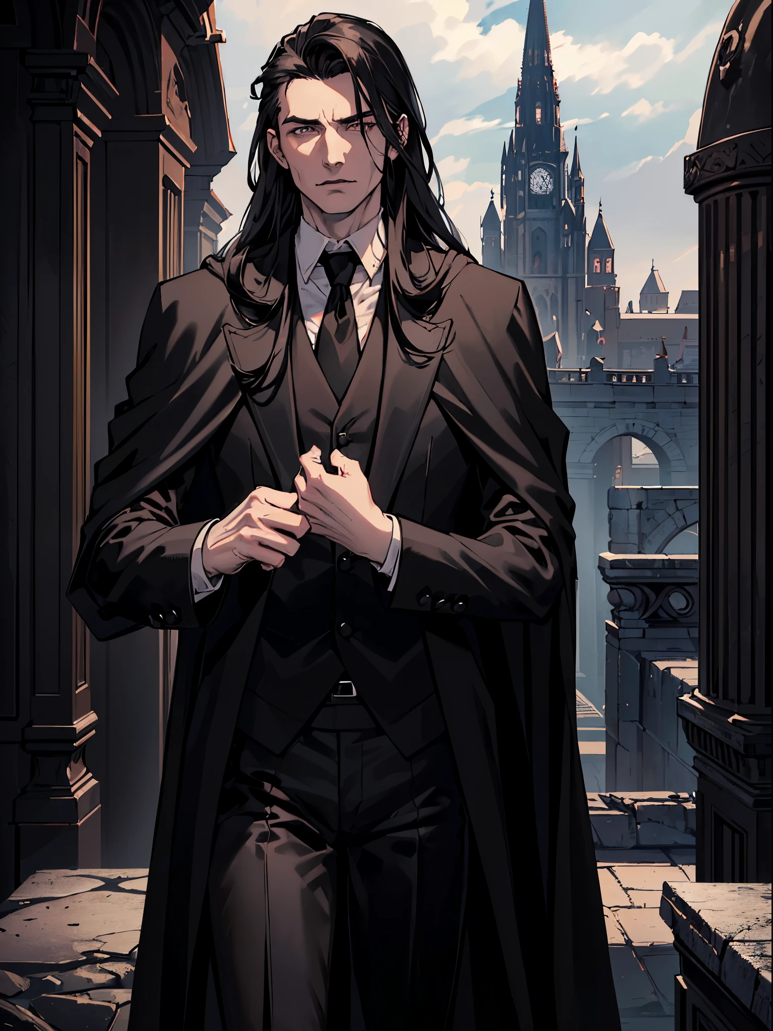 (best quality:1.4),masterpiece,ultra-detailed,handsome man, sharp eyes,,realism,cowboy shot,1guy,black long hair, grey eyes ,tareme,long hair, vampire look, white skin, (((dark suit))), (((black pants))),((( black cloak))), (((black shirt))), (((black coat))), red vapor,  vapor, castle, dracula looks, evil lord,