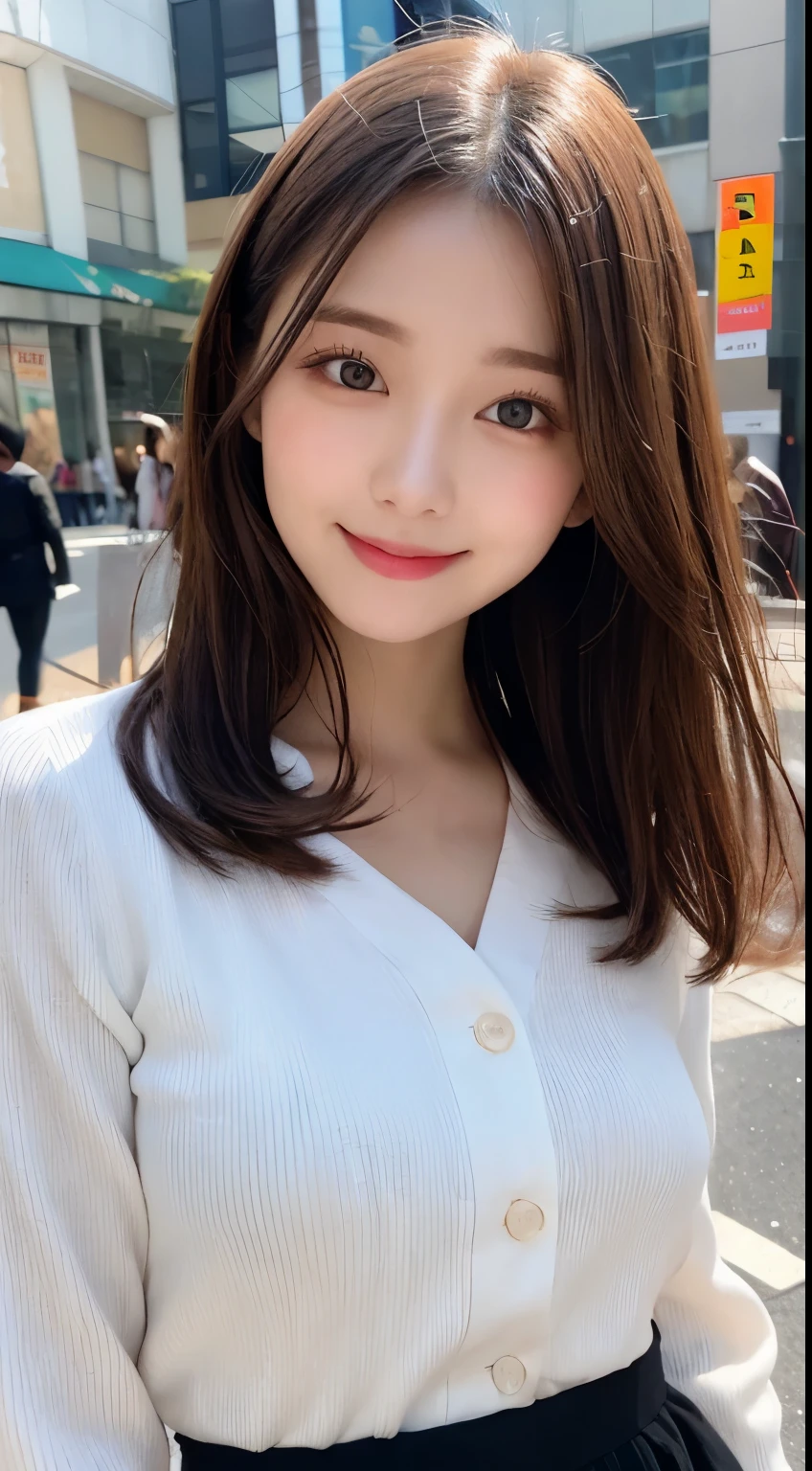 table top, highest quality, shape, Super detailed, finely, High resolution, 8k wallpaper, 完璧なダイナミックな構shape, finelyて美しい目, medium hair, small breasts, natural color lip, smile,20 year old girl、Beautiful and dense face、perfect and beautiful face,Big eyes、Blurred harajuku background、long sleeve blouse、flare skirt、trench coat、cute face、cute