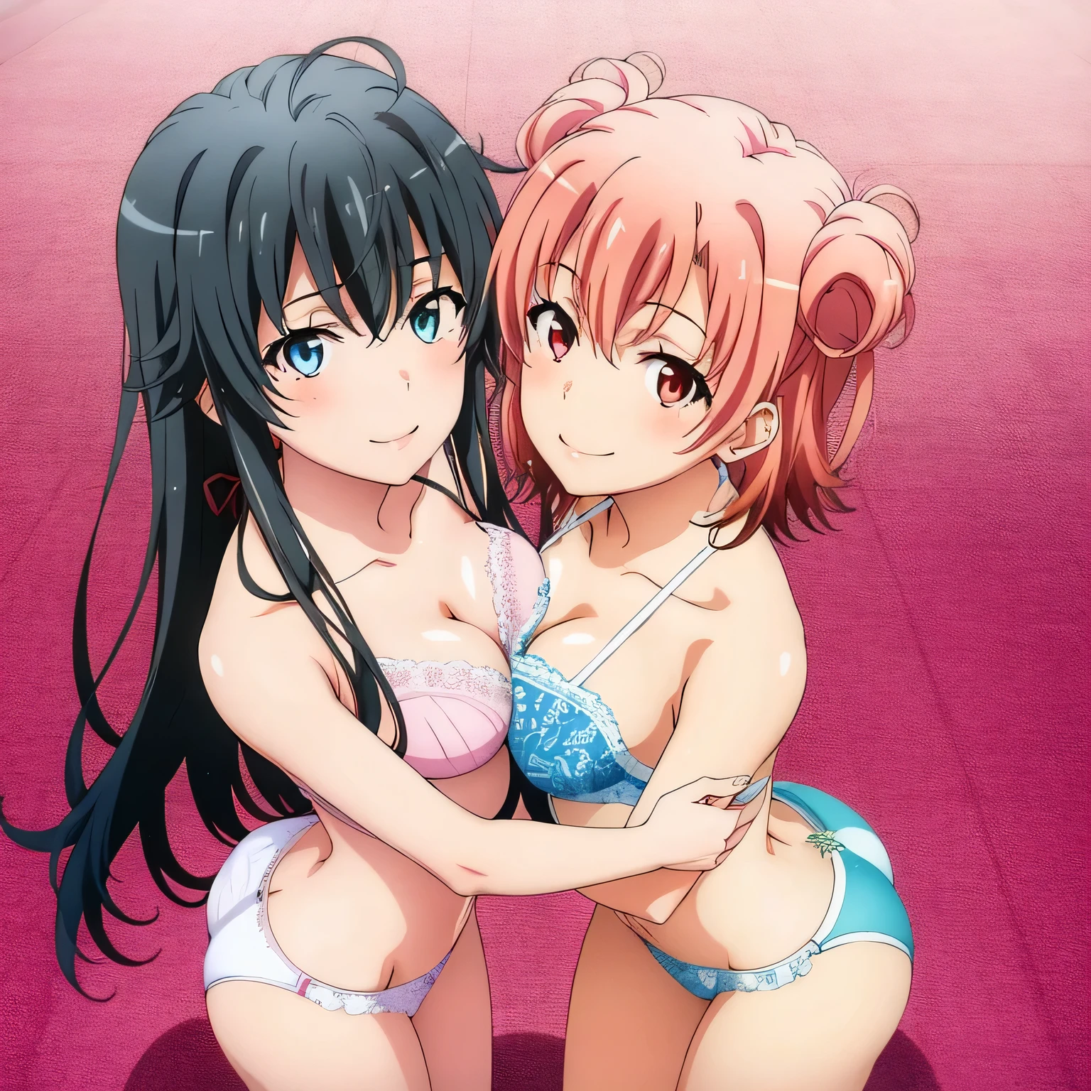 2 girls , Yukinoshita Yukino , yuigahama yui&#39;Both my chest and butt feel good..., waltz dance , In underwear,rotate,whole body,pink silk panties,white silk panties,thighs,high angle,smile,beautiful eyes,Clear eye color,