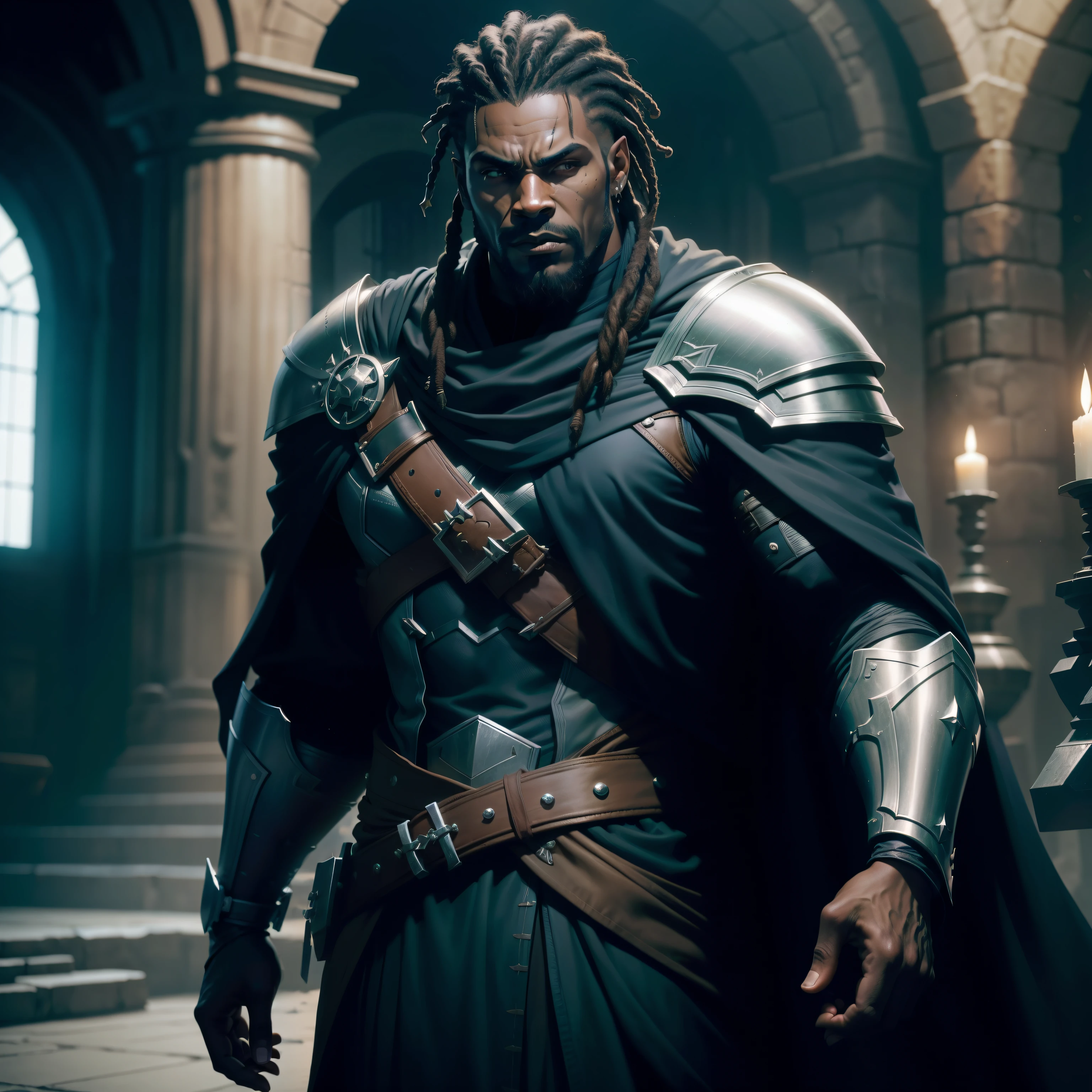 um homem negro com uma capa parado em um quarto escuro, (Mistborn Steel Inquisitor), ((Flowing robes)) e (armadura de couro), inspirado por Rajmund Kanelba, O korg de Thor como soldado, d&protagonista, Markarth, orc careca, arsen lupin como paladino, ((homem negro)), (realista), dreads