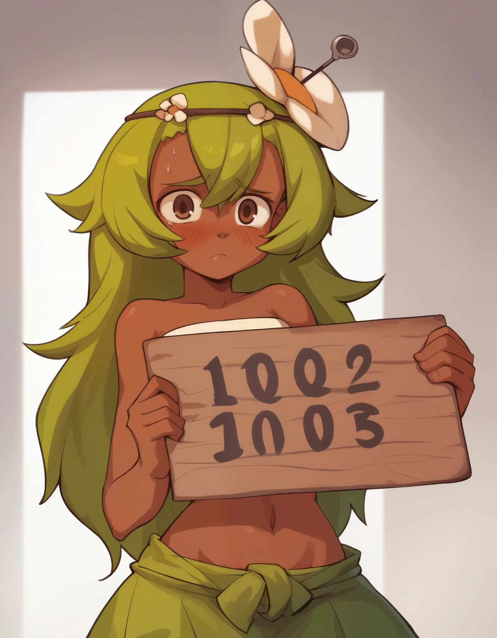 score_9, score_8_up, score_7_up, score_6_up, BREAK, source_cartoon, source_anime, 1girl, amaliayoung, green hair, long hair, hair flower, dark skin, bare shoulders, tube top, navel, skirt, blush, (holding sign), mugshot, sad, looking at viewer