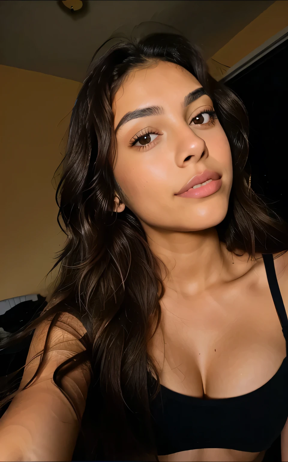 2 mexican girl, Long Wavy Hair, dark brown eyes, eighteen, self portraight pov, taking normal snapchat selfie in dark room (indoors) while laying down in bed