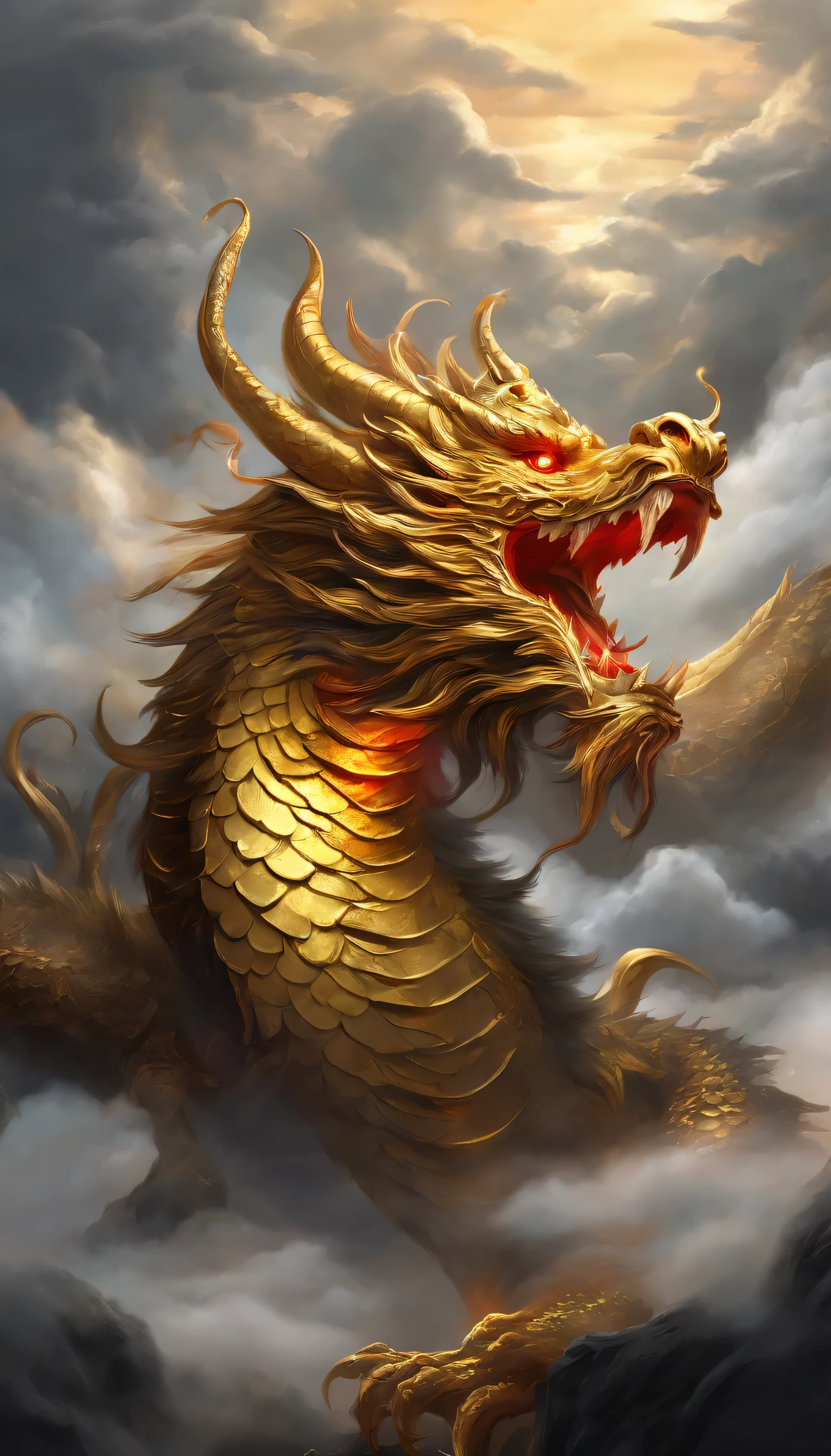 (highest quality, High resolution:1.2), (realistic,realistic:1.37), black background, A Chinese dragon with seven heads emerges from the darkness, Front tap，Weak red eye, intricate details, ((golden:1.4)), ((in front:1.4)), ((thick clouds:1.4))