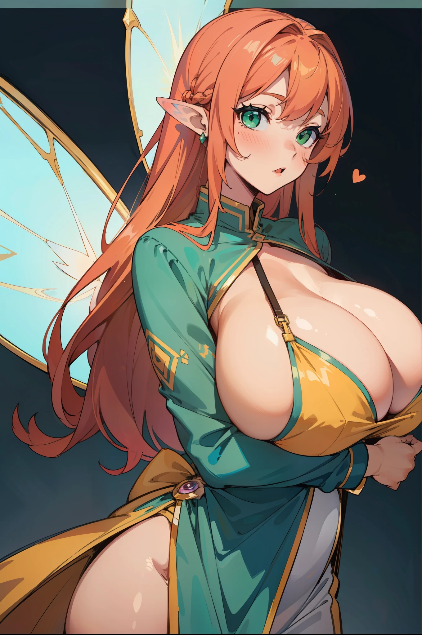 (((Masterpiece))), top quality, beautiful fairy woman, super detailed, cute and energetic, fuchsia_mini-dress, shiny skin, long orange hair, green eyes, pointy ears, fairy wings, ((((Huge breasts)))), fantasy-background, magical