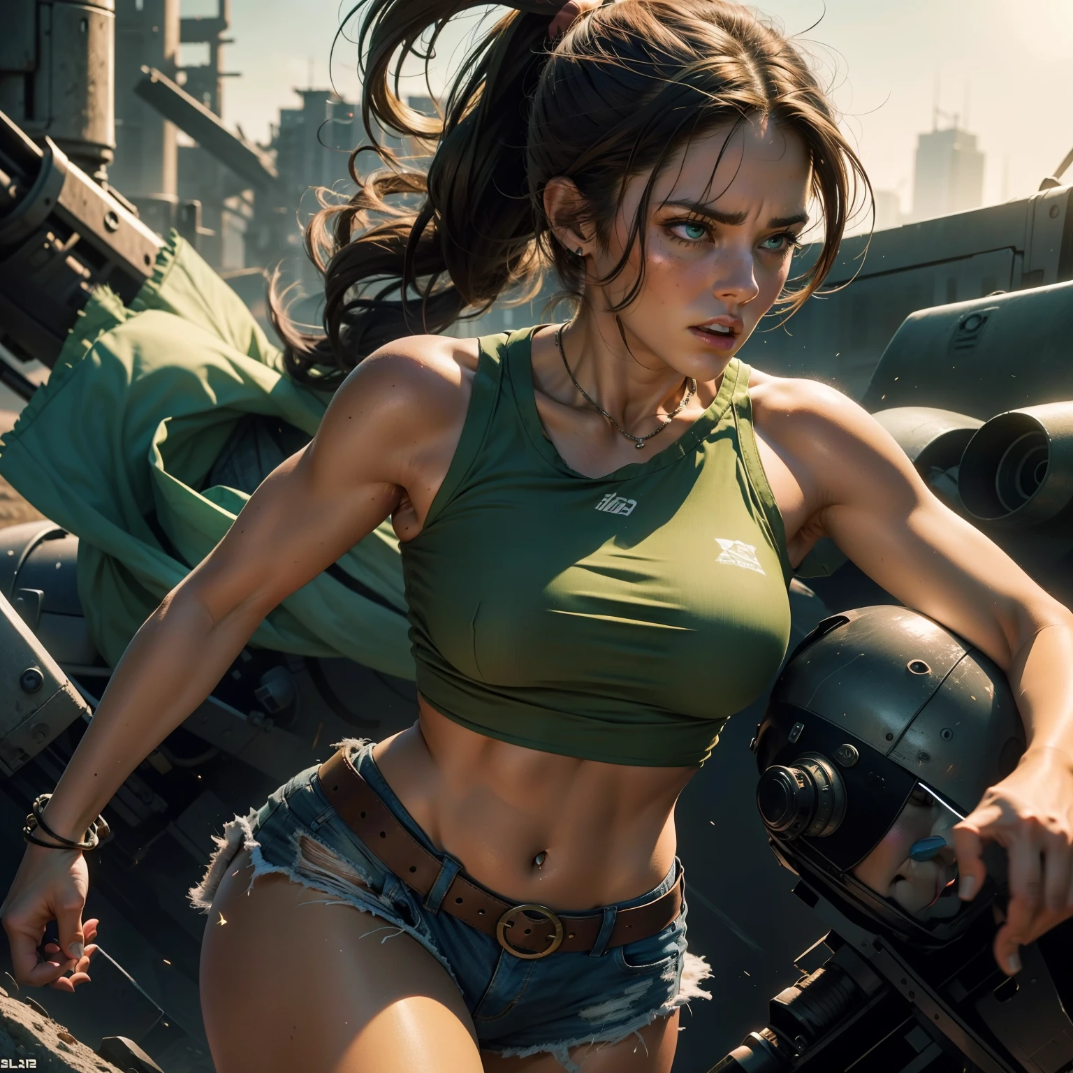 A scared-looking woman with brown hair tied up in a high ponytail and emerald green eyes. Her clothes were torn, revealing a pink top with jagged edges and short shorts that had seen better days. Her physique was well-proportioned, with ample cleavage, and she had a sun-kissed tan. Her features were strong and defined, adding to her overall air of strength and determination. The scene was captured in stunning detail, with High Quality Detail, Cinematic Light, wasteland ,abandoned