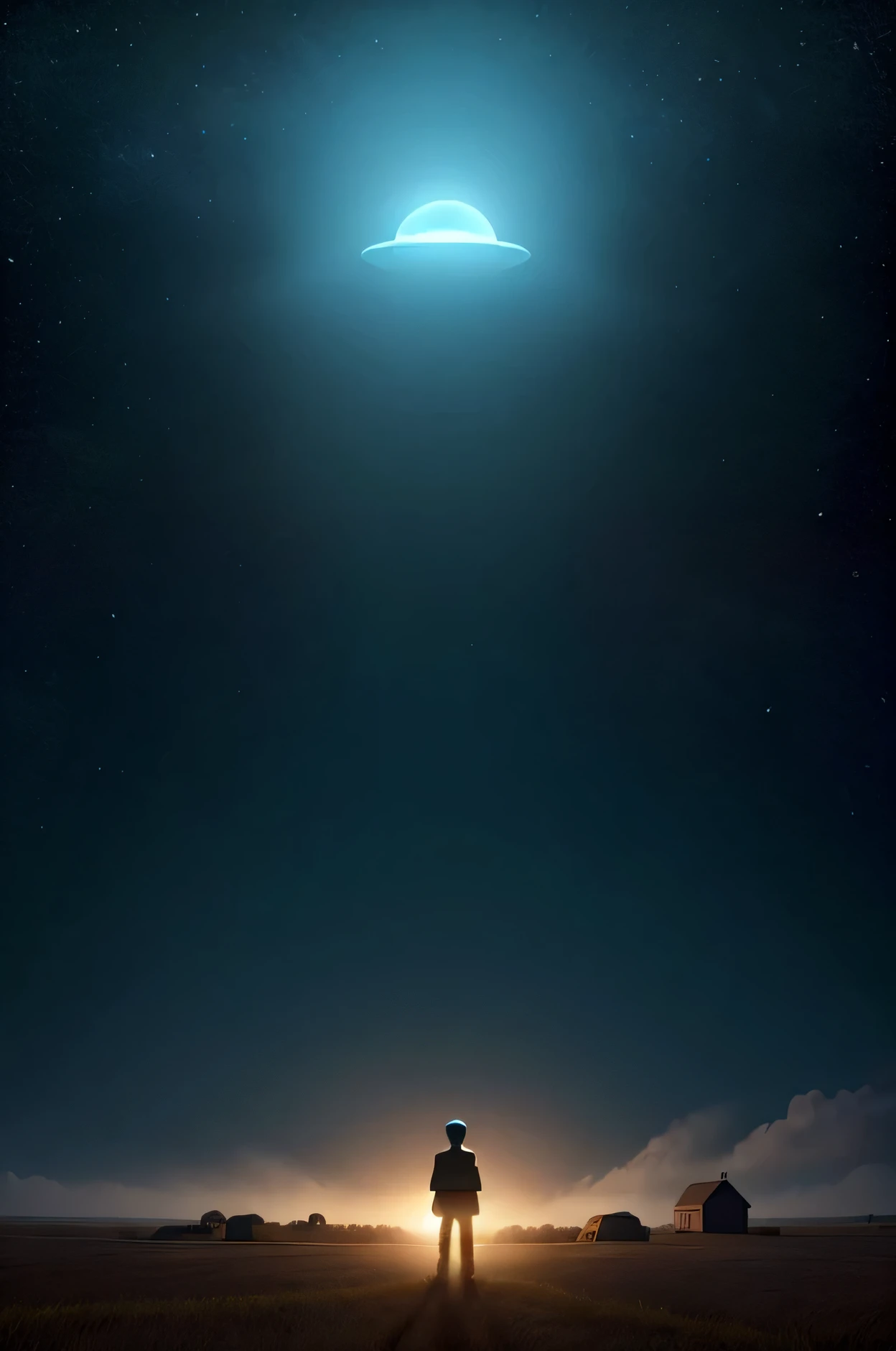 In the vast expanse of a 1950s farmland, nestled near a dense forest, a UFO lurks stealthily in the sky, casting an eerie glow over the surrounding countryside. In a clearing amidst the fields, a lone figure stands, his back turned to the camera. The silhouette of a young boy is outlined against the backdrop of the mysterious light emanating from the hovering UFO above. The atmosphere is tinged with a sense of foreboding and unease, as if something ominous is about to transpire. In the foreground, the movie title "THE HARVEST" is boldly displayed, promising a thrilling cinematic experience. The poster captures the tension of the moment, hinting at a story of extraterrestrial encounters and rural intrigue. Illustration, with careful attention to detail in depicting the eerie light cast by the UFO and the shadowy figure of the boy, creating a sense of suspense and anticipation,