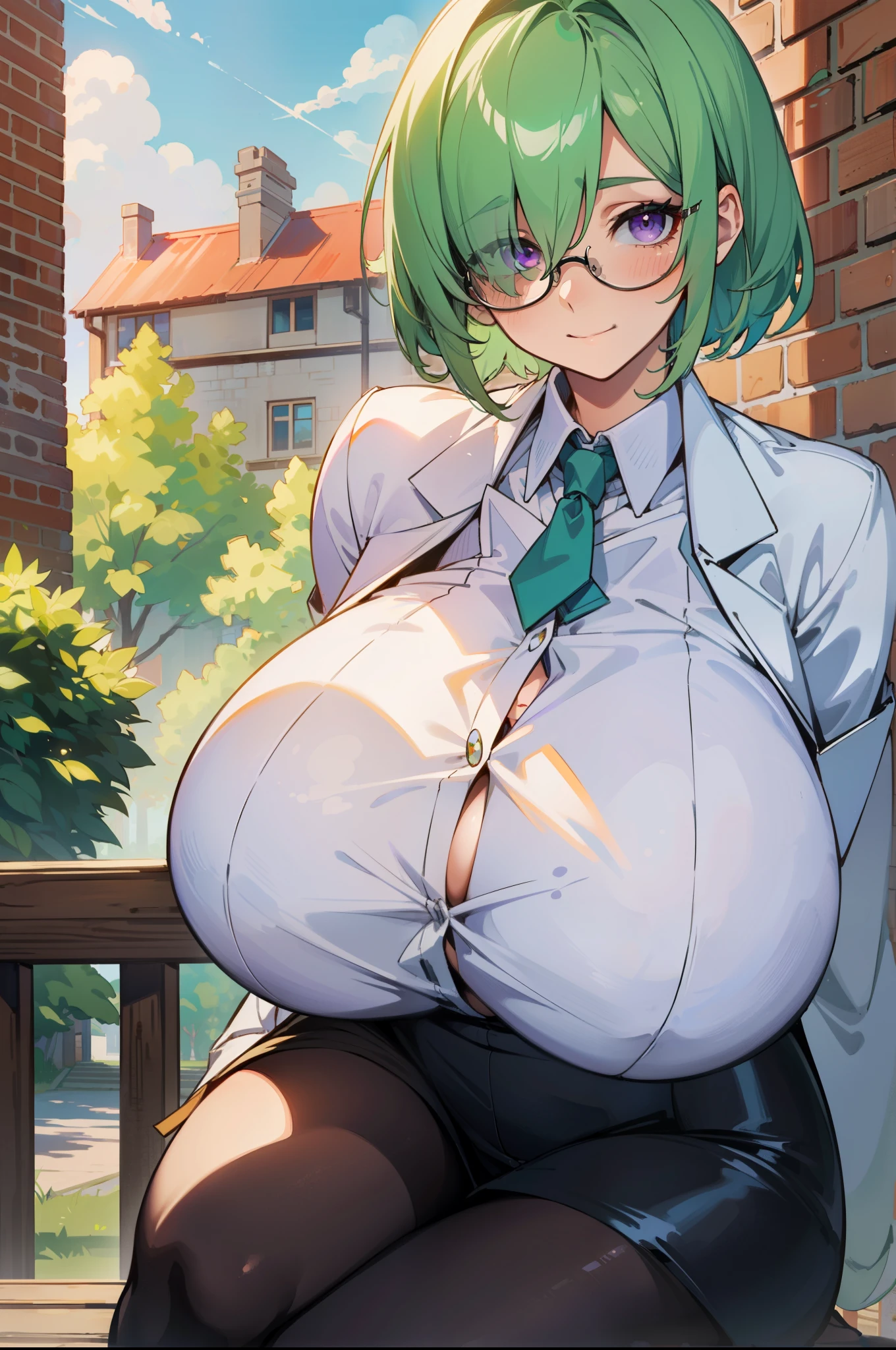 (summer light:1.2), (gigantic breasts:1.4), 1woman, green hair, short hair, long banns, purple eyes, hair over one eye, put book on her knee, slight smiling, white lab coat, black glasses, black pantyhose, sitting on a wooden bench, outdoors, red brick walls behind, country streets, Windows on walls,