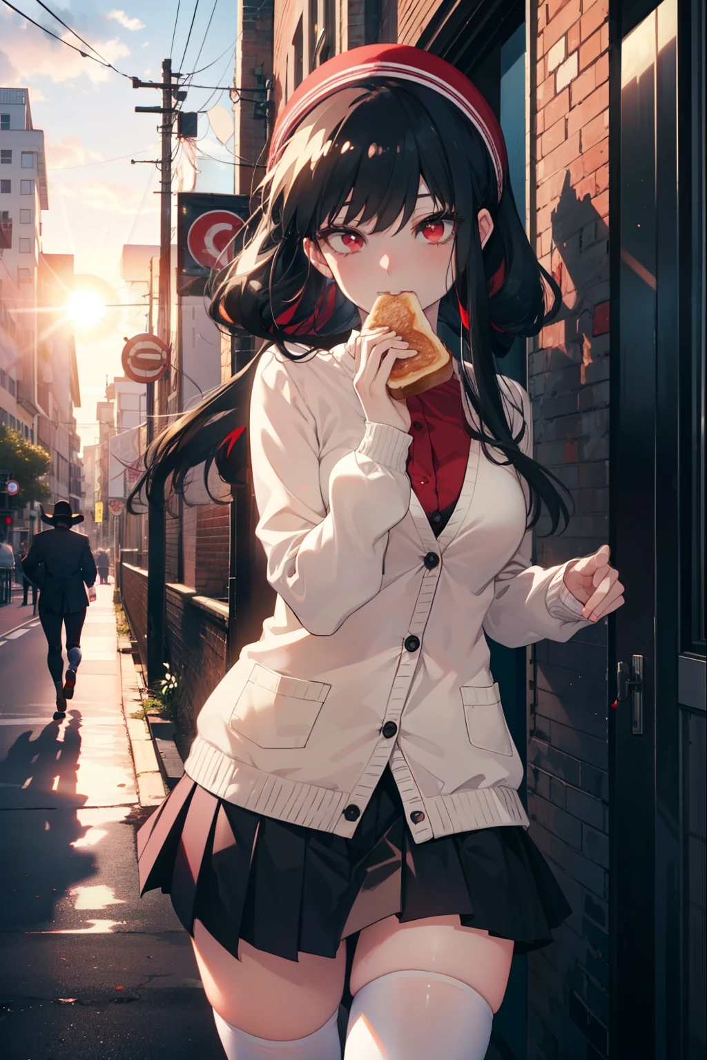 Yorubria Ratata, you missed the thorns, bangs, long hair,black hair,hair band, (red eyes:1.5), toast in your mouth, running, city street,Y-shirt,Pink cardigan,Red Blazer,Red pleated skirt,white stockings、brown loafers,morning日,morning,the sun is rising,
break ourdoors, In town,building street,
break looking at viewer, (cowboy shot:1.5),
break (masterpiece:1.2), highest quality, High resolution, unity 8k wallpaper, (figure:0.8), (detailed and beautiful eyes:1.6), highly detailed face, perfect lighting, Very detailed CG, (perfect hands, perfect anatomy),