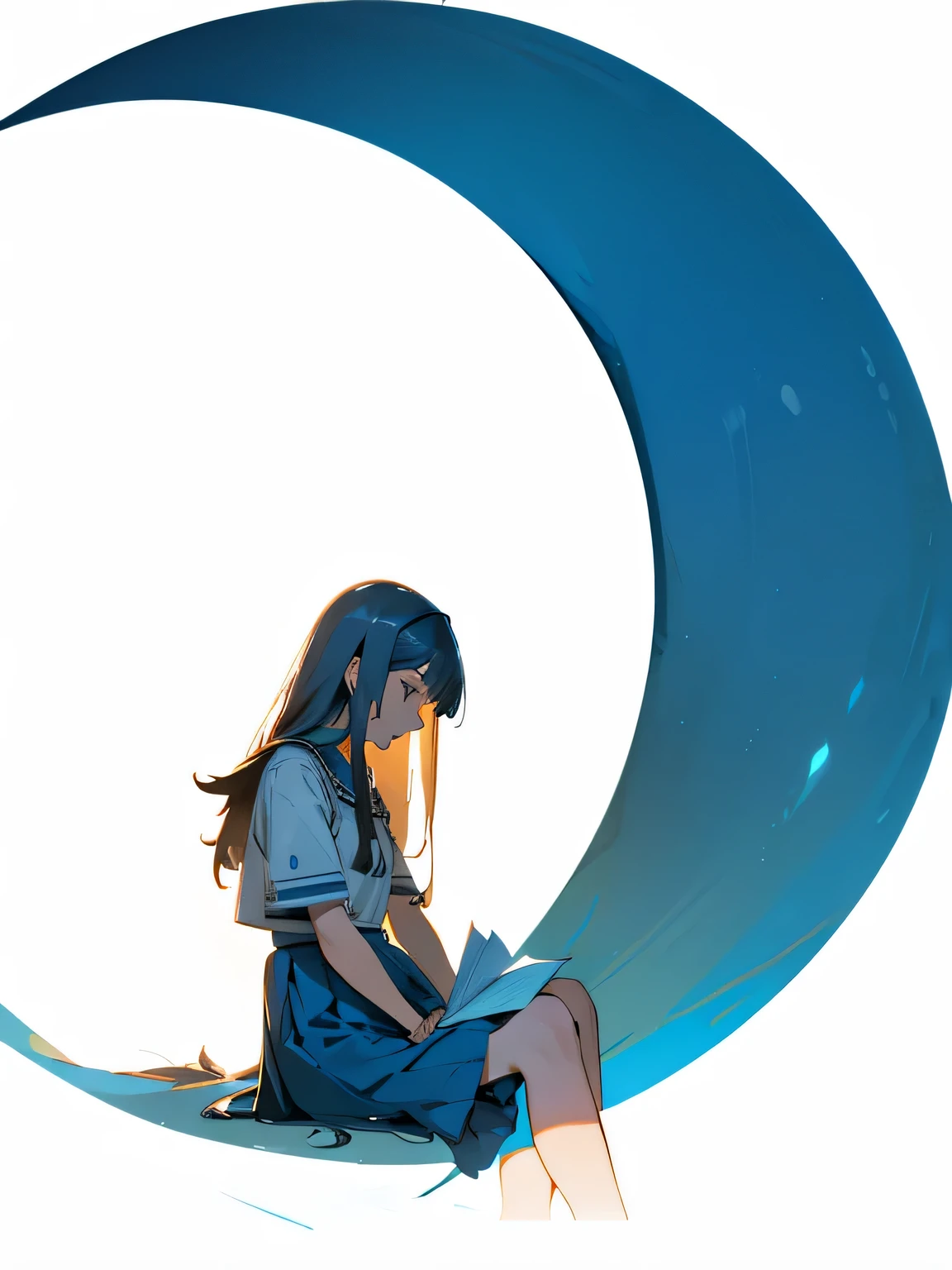  triste sentada,cabelo longo,saia azul,Hands under skirt,cabelo longo on her shoulders,illustration,ultra-detalhado,realista,soft lighting,retrato,cores vivas,tons de cores sutis.