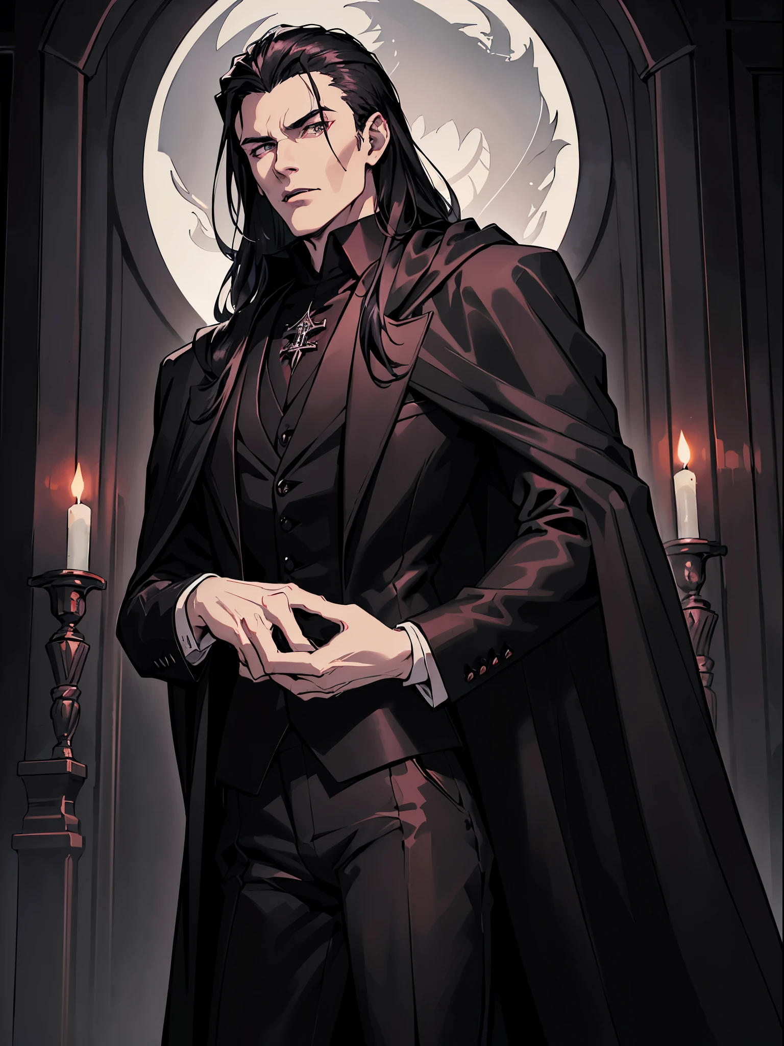 (best quality:1.4),masterpiece,ultra-detailed,handsome man, sharp eyes,,realism,cowboy shot,1guy,black long hair, grey eyes ,tareme,long hair, vampire look, white skin, (((dark suit))), (((black pants))),((( black cloak))), (((black shirt))), (((black coat))), red vapor,  vapor, castle, dracula looks, evil lord,