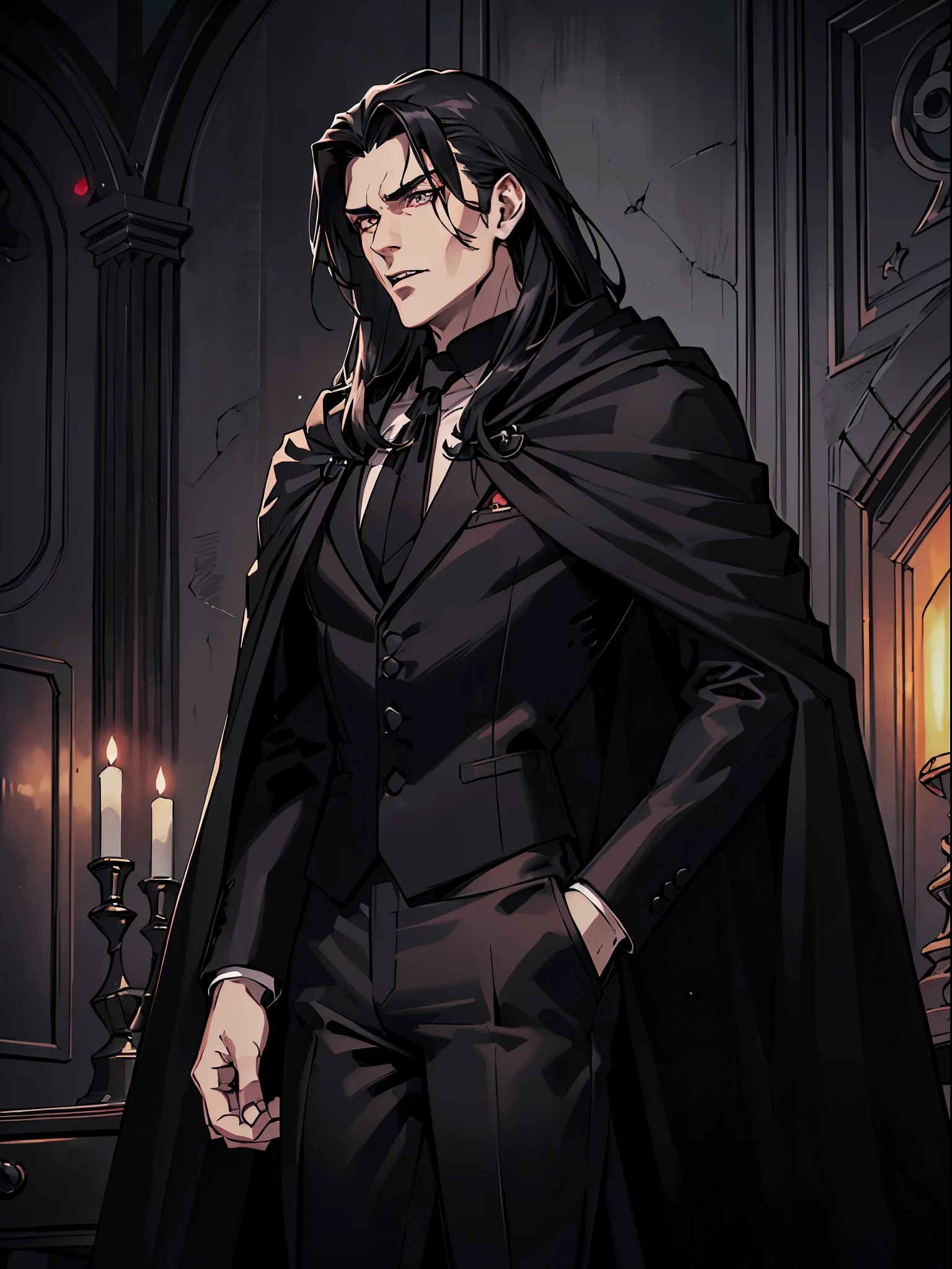 (best quality:1.4),masterpiece,ultra-detailed,handsome man, sharp eyes,,realism,cowboy shot,1guy,black long hair, grey eyes ,tareme,long hair, vampire look, white skin, (((dark suit))), (((black pants))),((( black cloak))), (((black shirt))), (((black coat))), red vapor, vapor, castle, dracula looks, evil lord,