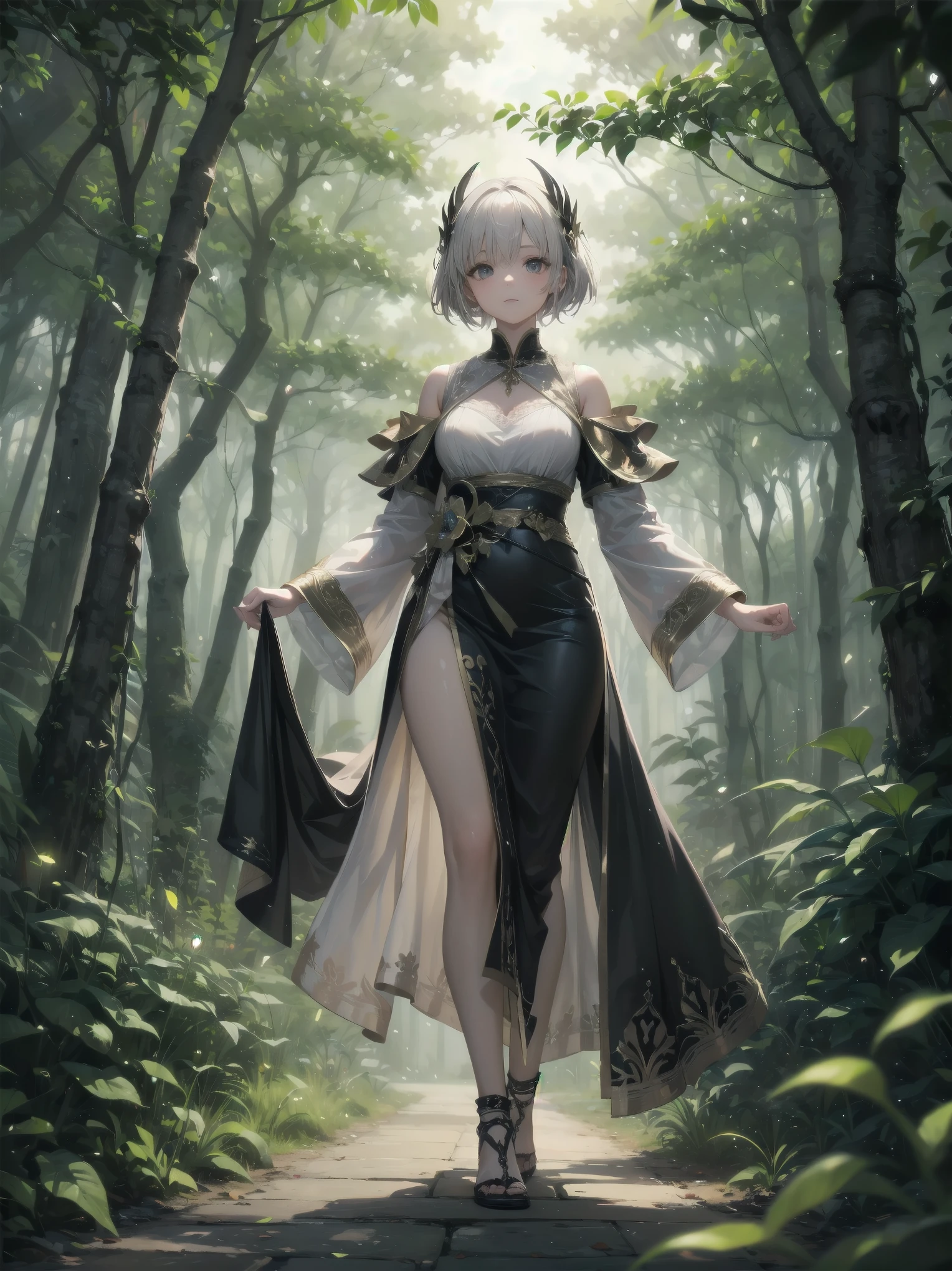 "In a world where the heavens are ruled by a benevolent deity, a young girl dressed in a regal gown made of shimmering silk and delicate lace finds herself wandering through a forest of silver trees. The canopy above glows with bioluminescent flora, casting ethereal light onto the mossy floor below. As she walks, she disturbs a group of fireflies that take flight, illuminating her path with their warm, golden glow."