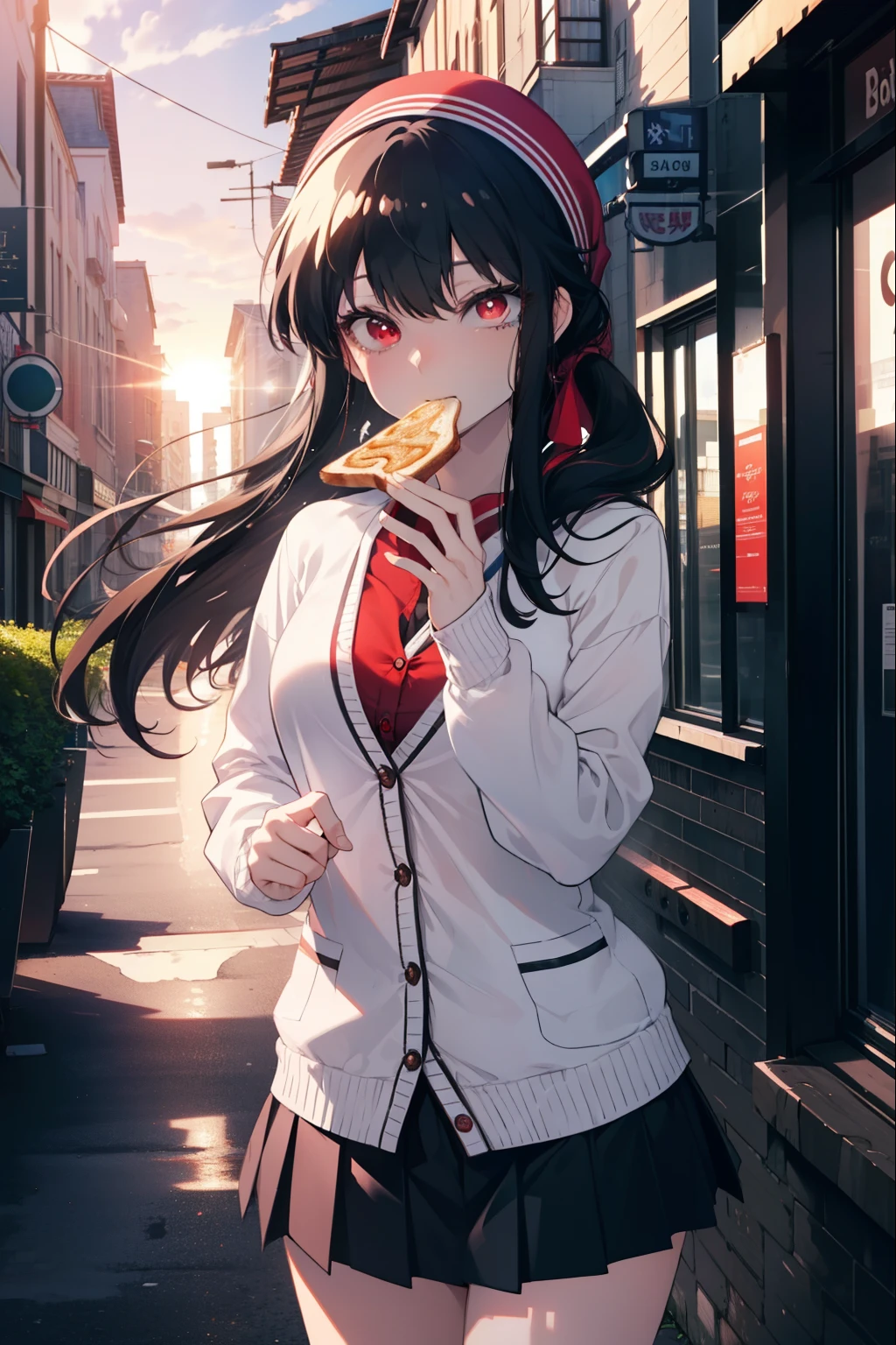 Yorubria Ratata, you missed the thorns, bangs, long hair,black hair,hair band, (red eyes:1.5), toast in your mouth, running, city street,Y-shirt,Pink cardigan,Red Blazer,Red pleated skirt,white stockings、brown loafers,morning日,morning,the sun is rising,
break outdoors, In town,building street,
break looking at viewer, (cowboy shot:1.5),
break (masterpiece:1.2), highest quality, High resolution, unity 8k wallpaper, (figure:0.8), (detailed and beautiful eyes:1.6), highly detailed face, perfect lighting, Very detailed CG, (perfect hands, perfect anatomy),