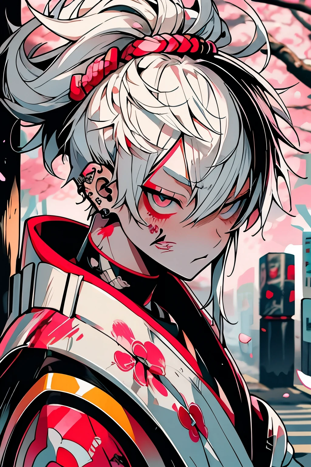  Samurai boy, neon white hair, cool Harajuku-inspired hip-hop Samurai armor, tattoo sleeves and piercings, messy fade cut hair, crazy, cherry blossoms blowing in the wind, futuristic blood splattered atmospheric Tokyo city graffiti street background,