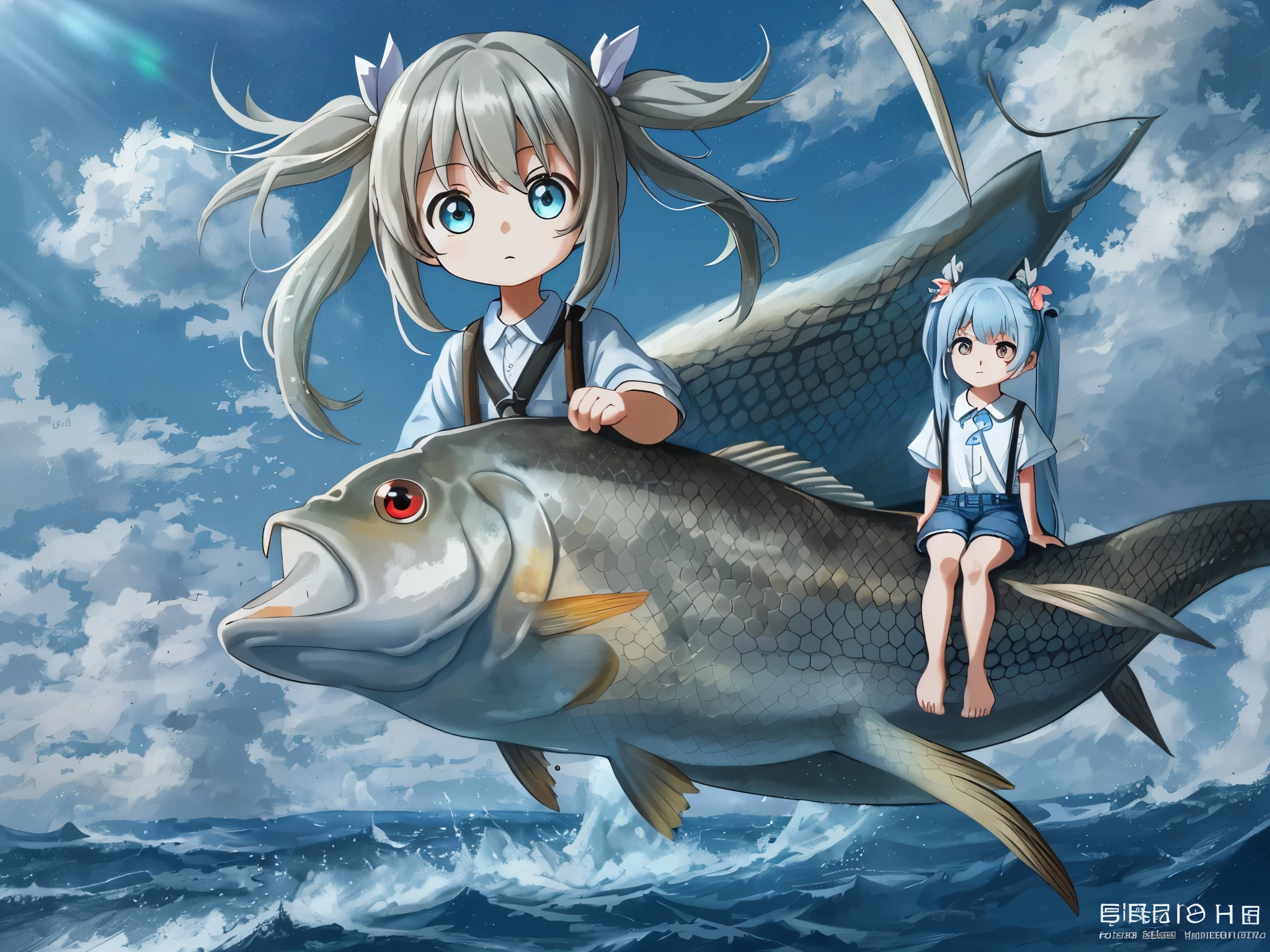 Movie quality, Sitting on a giant carp flying in the sky,thick clouds,light blue long hair、Cute chibi character with twin tails、denim suspenders,barefoot,Depth of the bounds written,highlight,real light,ray tracing,oc rendering,surreal,best quality,8K,works of masters,super fine,detailed pubic hair,correct anatomy,bring the eyes into sharp focus,Bokeh,Facial features are carefully drawn