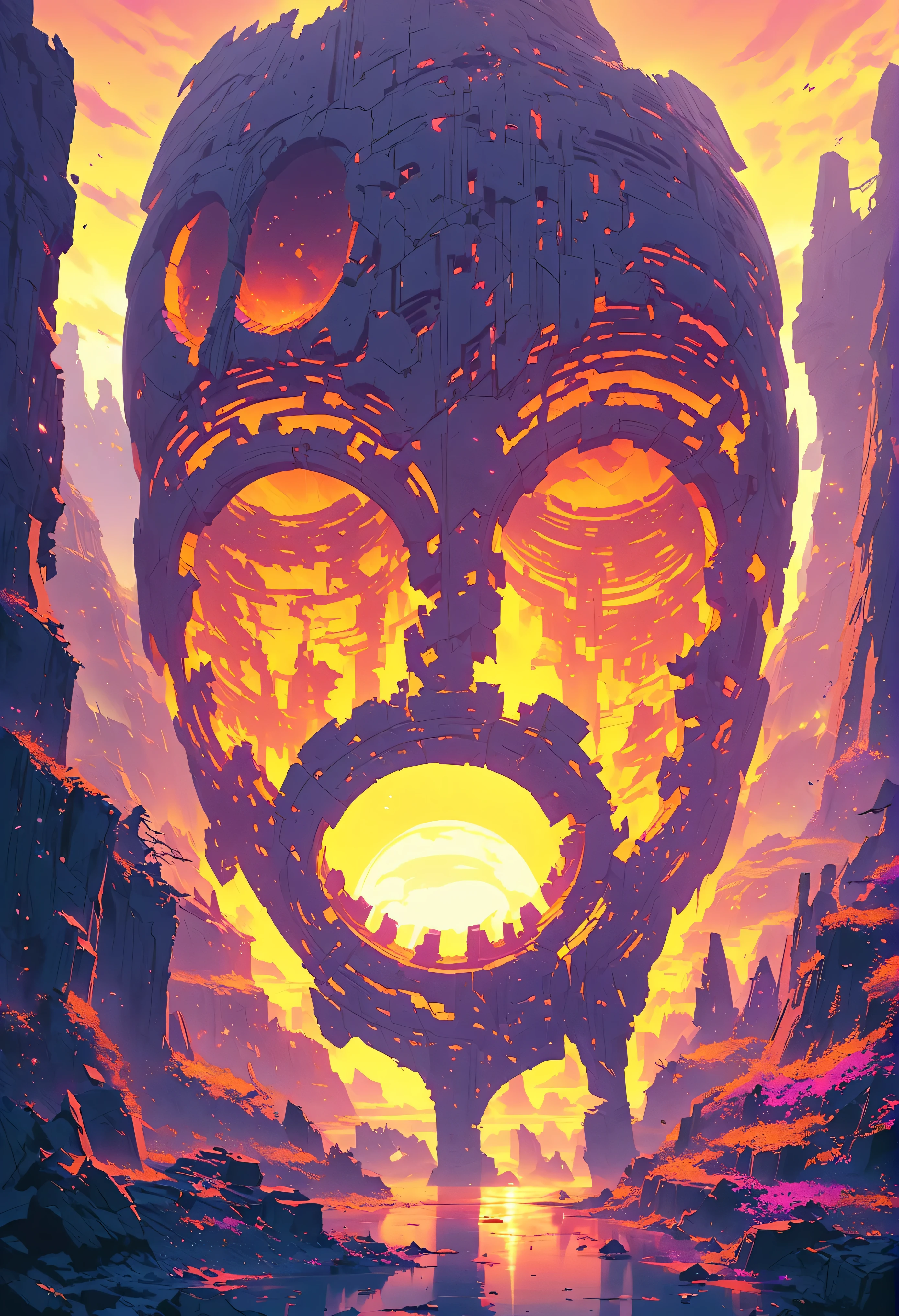 Anime illustration, ruins landscape, neon ancient ruins, dark ruins landscape, ancient ruins, inspired by Andreas Rocha, inspired by sylvain sarrailh, epic fantasy sci fi illustration, andreas rocha style, ruined temple, temple ruins, purple colours, sunset, orange colours, 
