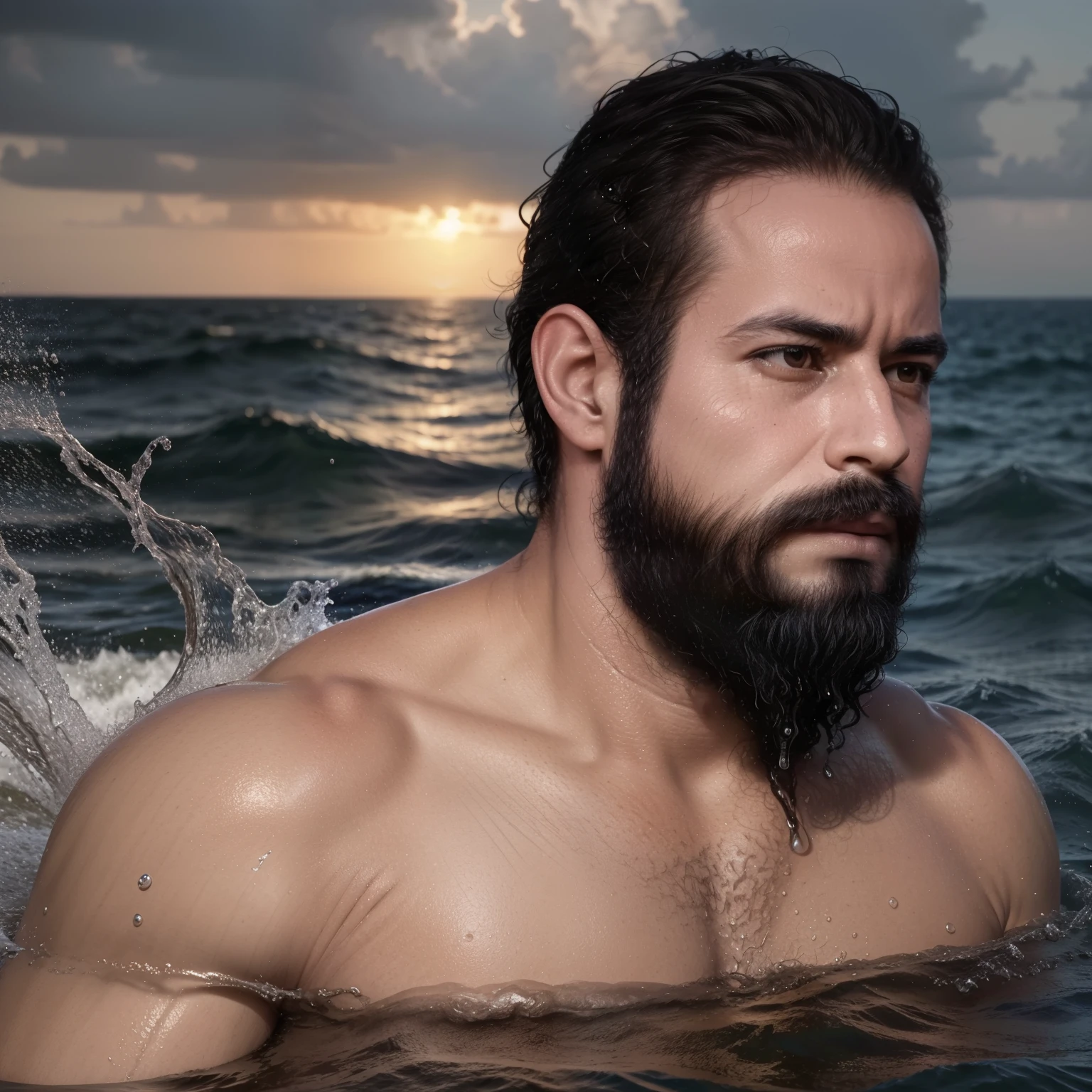 (best quality,4k,8k,highres,masterpiece:1.2),ultra-detailed,(realistic,photorealistic,photo-realistic:1.37),attractive man in a jet ski accident,strong muscular body,detailed and expressive face,beard 
,illustrated or oil painting,crashing waves,splashing water,sunset horizon,vivid colors,water droplets on the body,broken jet ski parts,fearful expression,rippling muscles,slightly wet hair,scattered sea spray,dynamic and intense scene,dramatic lighting,action-packed,hint of danger