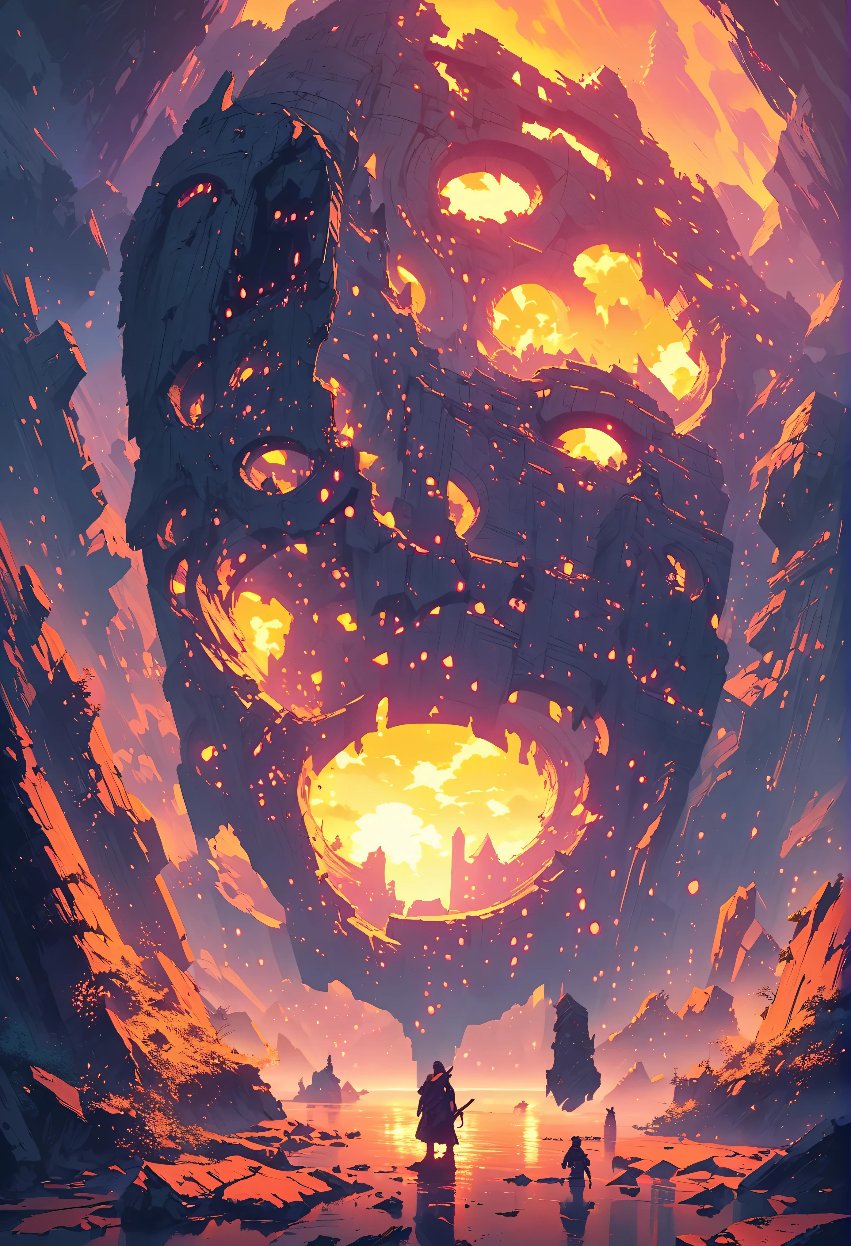 Anime illustration, ruins landscape, neon ancient ruins, dark ruins landscape, ancient ruins, inspired by Andreas Rocha, inspired by sylvain sarrailh, epic fantasy sci fi illustration, andreas rocha style, ruined temple, temple ruins, purple colours, sunset, orange colours, 
