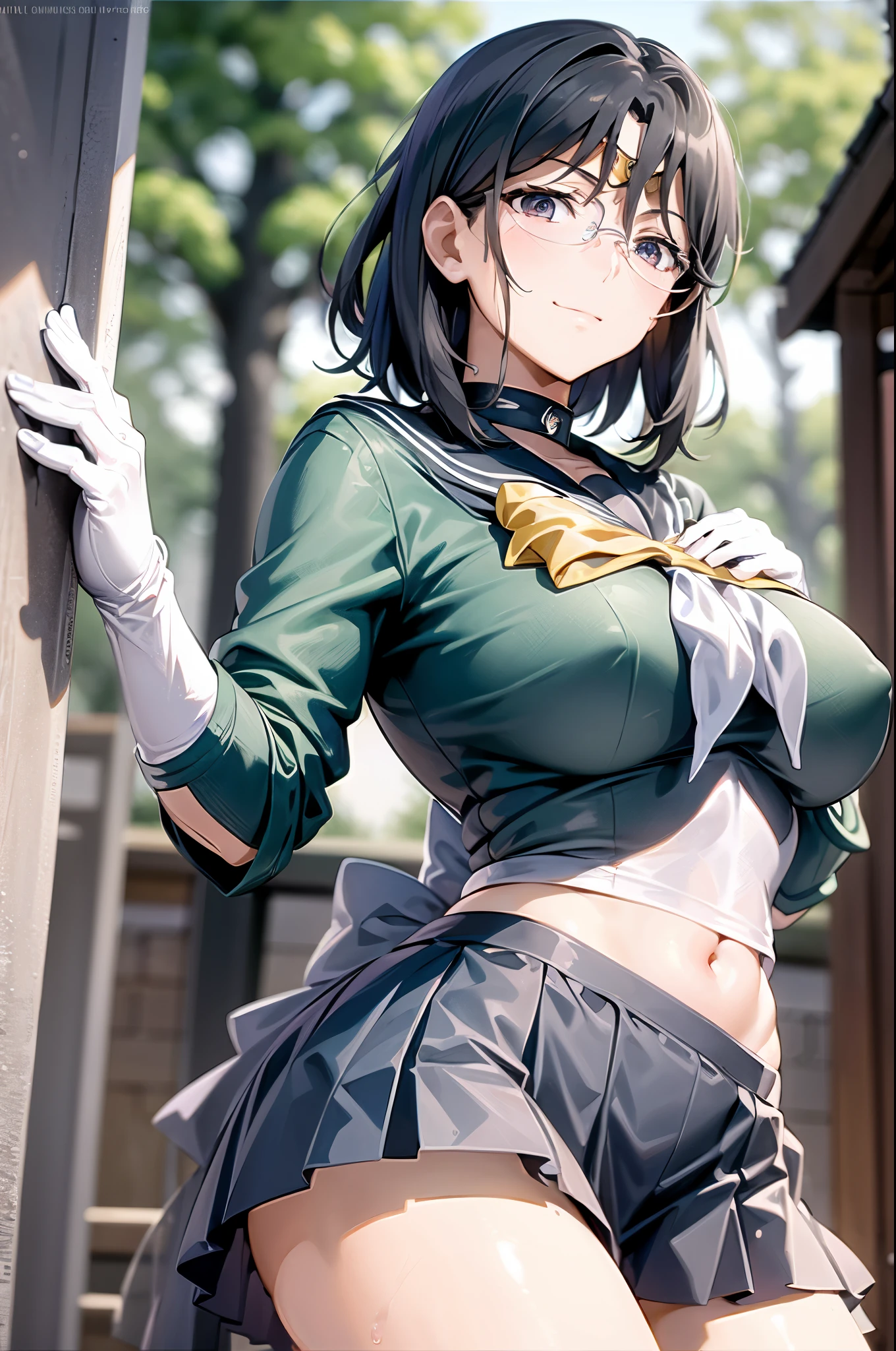1girl,18yo,perfect hands, perfect finger,perfect anatomy, masterpiece, best quality,realistic, hyperrealistic, 16k hdr,, aamii, short hair, black hair, blue eyes, (glasses), (random sailor senshi uniform,ultra miniskirt:1.3),outdoor,standing,(sweat:1.1),(happy smile),large breasts,cleavage,erected nipples,(sexy pose:1.2),spread legs,from below,navel,