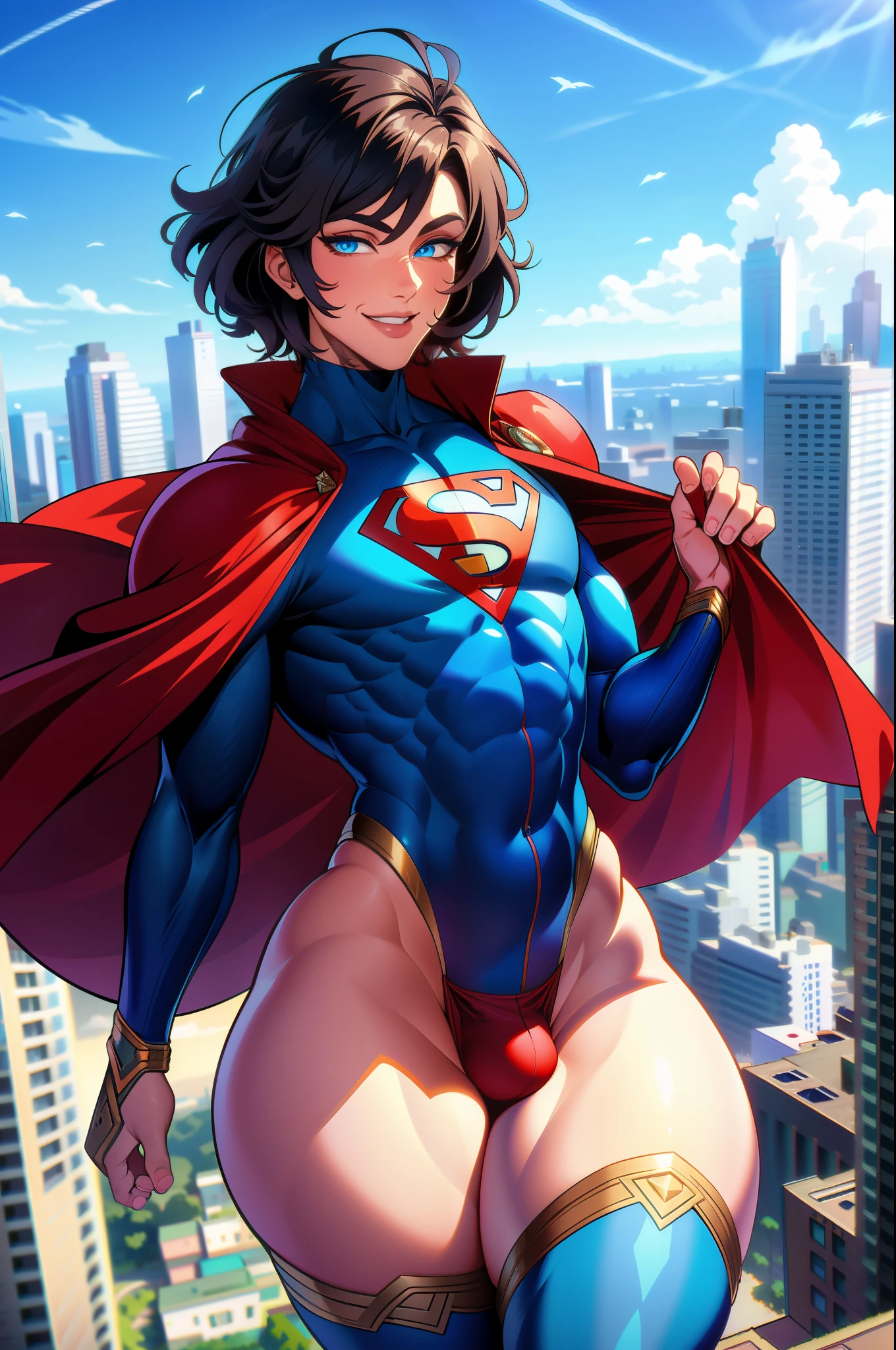 (extremely detailed CG unity 4k wallpaper),(masterpiece),(best quality),(ultra-detailed),(best illustration),(best shadow),(absurdres),(detailed background), CFemboy, Detailed face, Detailed hair, cute Femboy Superman Smiling and flying above the city, Red cape, short black hair, blue eyes, bulge, Cute, Superman costume, Thick thighs, Big ass, Fully covered,