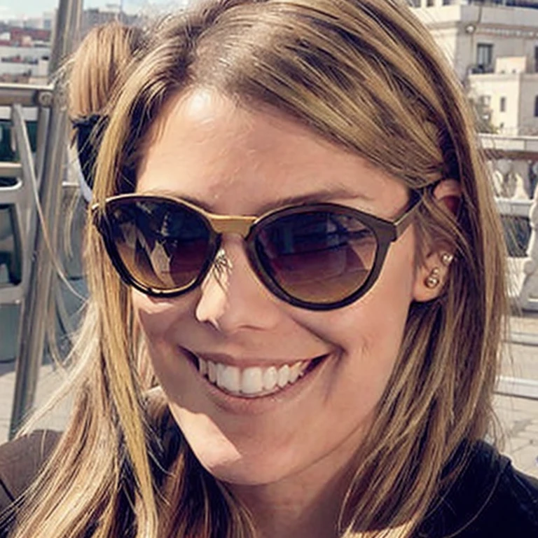 Solo, Cute face, golden ratio, smooth skin, Create an image of a vivacious woman outdoors, her face lit up by a radiant smile under a pair of chic, oversized sunglasses. Capture the sense of joy and satisfaction that emanates from her broad smile, which reveals a neat row of upper teeth. Her straight, highlighted hair frames her face gently as it cascades down, complementing the relaxed yet stylish essence of the moment. The background should hint at an open skyline, suggesting an elevated, urban setting that matches her elegant and carefree spirit
