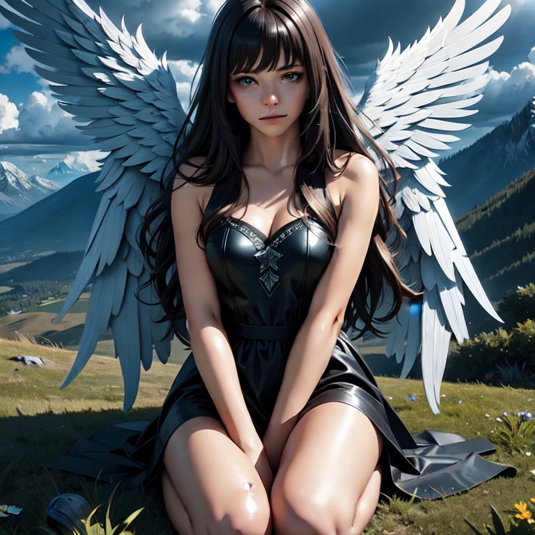 (masterpiece, best quality:1.2), 1girl, solo, angel, sitting, kneeling, depressed, gloomy, sad