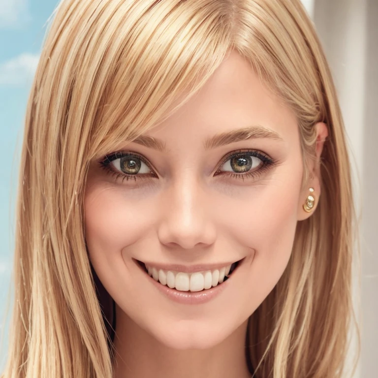 (best quality, masterpiece, perfect face, beautiful and aesthetic:1.2, colorful, dynamic angle, highest detailed face) , fashion photography of a European cute girl with long iridescent blond hair,(best quality, masterpiece, perfect face, beautiful and aesthetic:1.2, colorful, dynamic angle, highest detailed face), fashion photography of a European cute girl with long iridescent blond hair, (a beautiful detailed face), (beautiful detailed eyes), cute face, round face, Solo, (perfect teeth), do not focus on teeth Cute face, golden ratio, smooth skin, Depict a woman with an engaging and thoughtful expression. Her almond-shaped eyes, rich with expression, should lock warmly with the viewer, accentuated by neatly arched eyebrows. Her mouth is poised in a gentle smile with soft, symmetrically shaped lips. Her straight nose is elegantly proportioned to her face, complementing her tranquil expression. While her ears are tucked behind strands of straight, blonde hair, a light blue bow adorns her head, introducing a playful element. The portrait should capture her serene demeanor and the subtlety of her features in a realistic and flattering light.