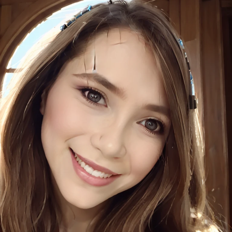 (best quality, masterpiece, perfect face, beautiful and aesthetic:1.2, colorful, dynamic angle, highest detailed face) , fashion photography of a european cute girl with long iridescent light brown hair,(beautiful detailed face) , (beautiful detailed eyes), Depicts a woman with an engaging and thoughtful expression. Her almond-shaped eyes, rich with expression, should lock warmly with the viewer, accentuated by neatly arched eyebrows. Her mouth is poised in a gentle smile with soft, symmetrically shaped lips. Her straight nose is elegantly proportioned to her face, complementing her tranquil expression. While her ears are tucked behind strands of straight, blonde hair, a light blue bow adorns her head, introducing a playful element. The portrait should capture her serene demeanor and the subtlety of her features in a realistic and flattering light. (intricate details, hyperdetailed:1.15) , detailed, sunlight passing through hair , (high contrast, extreme detailed, highest detailed) , HDR+