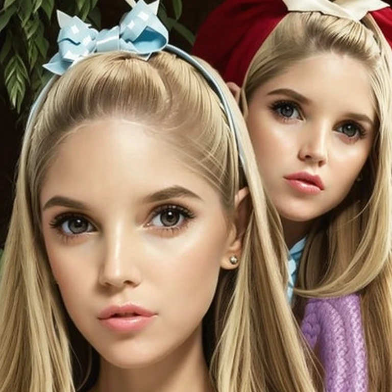 (best quality, masterpiece, perfect face, beautiful and aesthetic:1.2, colorful, dynamic angle, highest detailed face) , fashion photography of a european cute girl with long iridiscent blond hair, Masterpiece, captures all angles, Depicts a woman with an engaging and thoughtful expression. Her almond-shaped eyes, rich with expression, should lock warmly with the viewer, accentuated by neatly arched eyebrows. Her mouth is poised in a gentle smile with soft, symmetrically shaped lips. Her straight nose is elegantly proportioned to her face, complementing her tranquil expression. While her ears are tucked behind strands of straight, blonde hair, a light blue bow adorns her head, introducing a playful element. The portrait should capture her serene demeanor and the subtlety of her features in a realistic and flattering light.