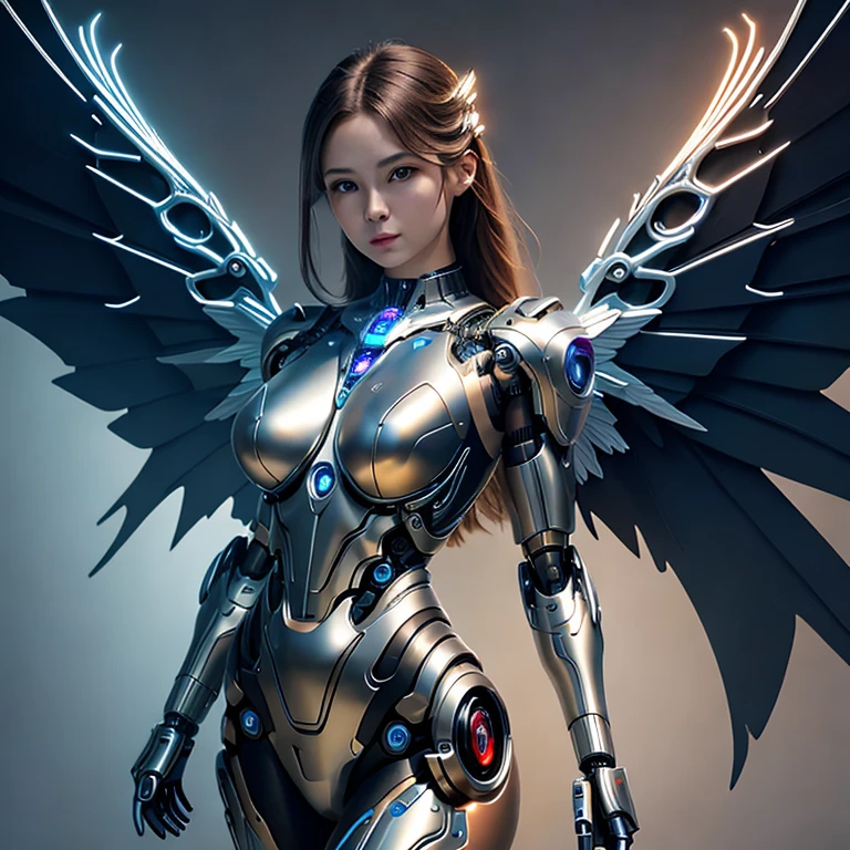 (masterpiece, best quality:1.2), 1girl, solo, Angel, Cybernetic wings, high-tech, cybernetic enhancements, titanium stillsuit, robotic arms.