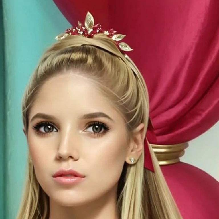 1 girl, solo, (best quality, masterpiece, perfect face, beautiful and aesthetic:1.2, colorful, dynamic angle, highest detailed face) , fashion photography of a latin cute girl with long iridiscent blond hair, Masterpiece, captures all angles, Depicts a woman with an engaging and thoughtful expression. Her almond-shaped eyes, rich with expression, should lock warmly with the viewer, accentuated by neatly arched eyebrows. Her mouth is poised in a gentle smile with soft, symmetrically shaped lips. Her straight nose is elegantly proportioned to her face, complementing her tranquil expression. While her ears are tucked behind strands of straight, blonde hair, a light blue bow adorns her head, introducing a playful element. The portrait should capture her serene demeanor and the subtlety of her features in a realistic and flattering light.